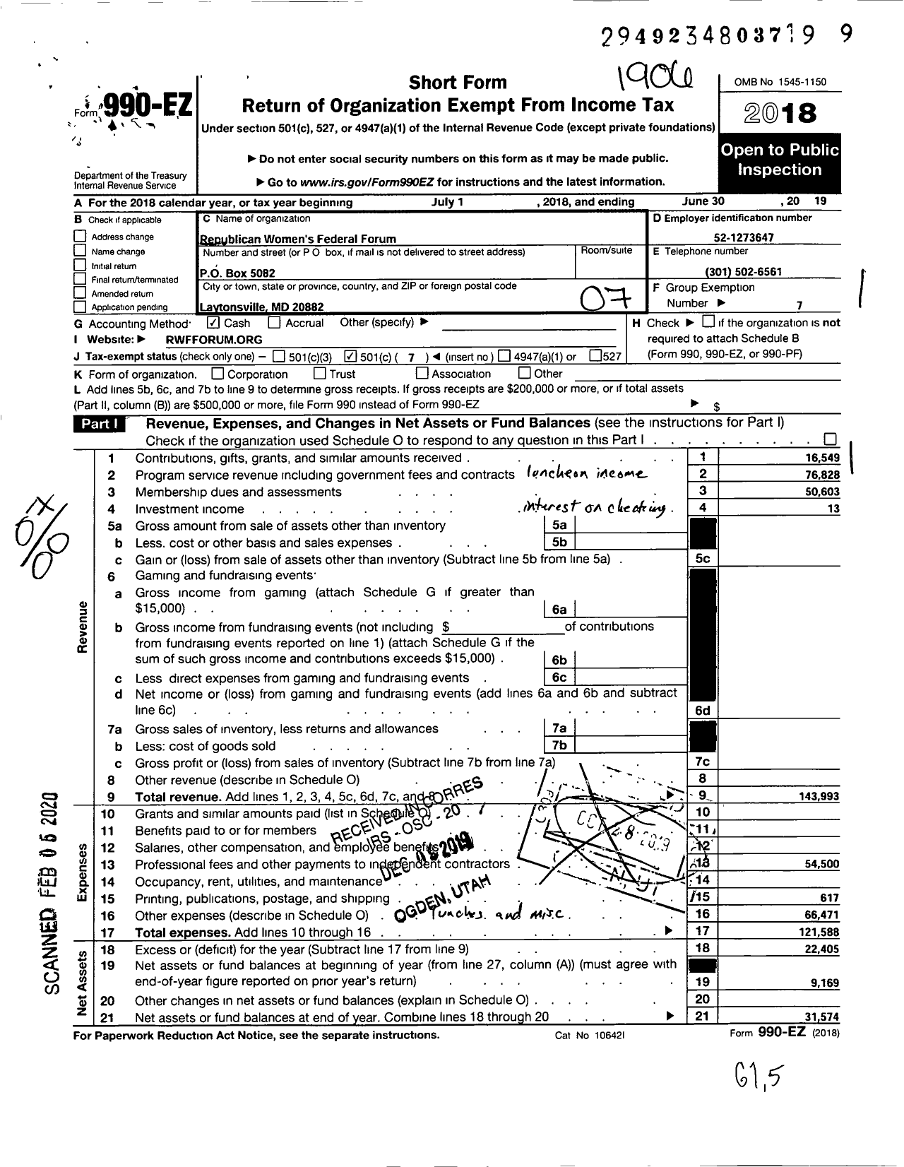 Image of first page of 2018 Form 990EO for Republican Womens Federal Forum