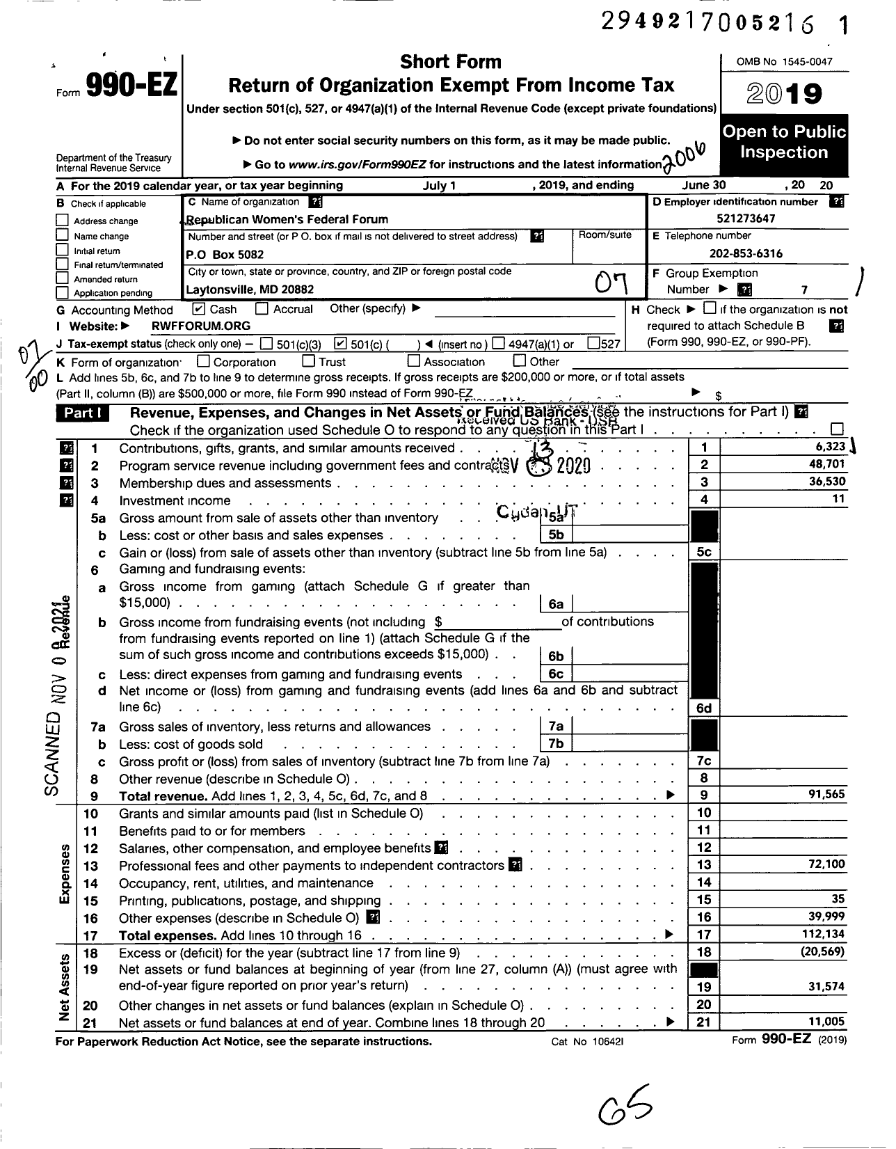 Image of first page of 2019 Form 990EO for Republican Womens Federal Forum