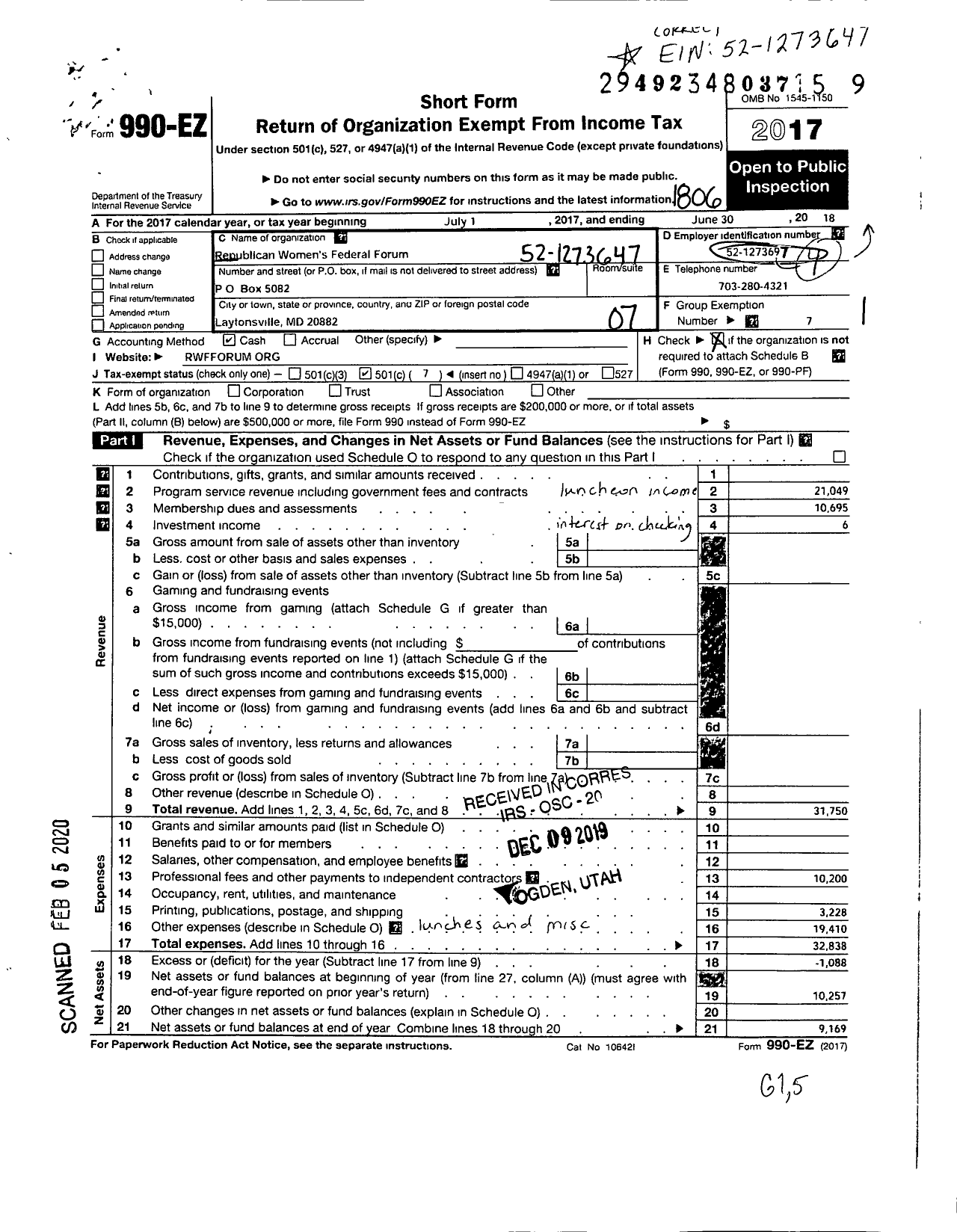 Image of first page of 2017 Form 990EO for Republican Womens Federal Forum