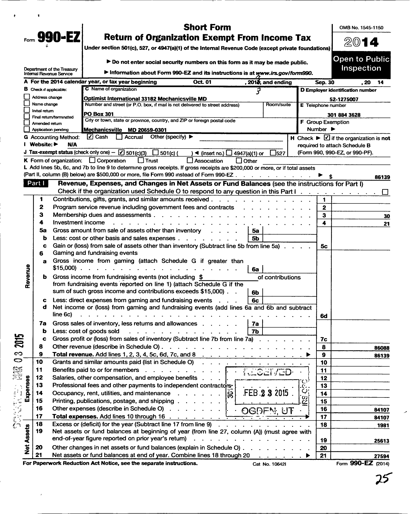 Image of first page of 2013 Form 990EZ for Optimist International - 33182 Oc of Mechanicsville MD