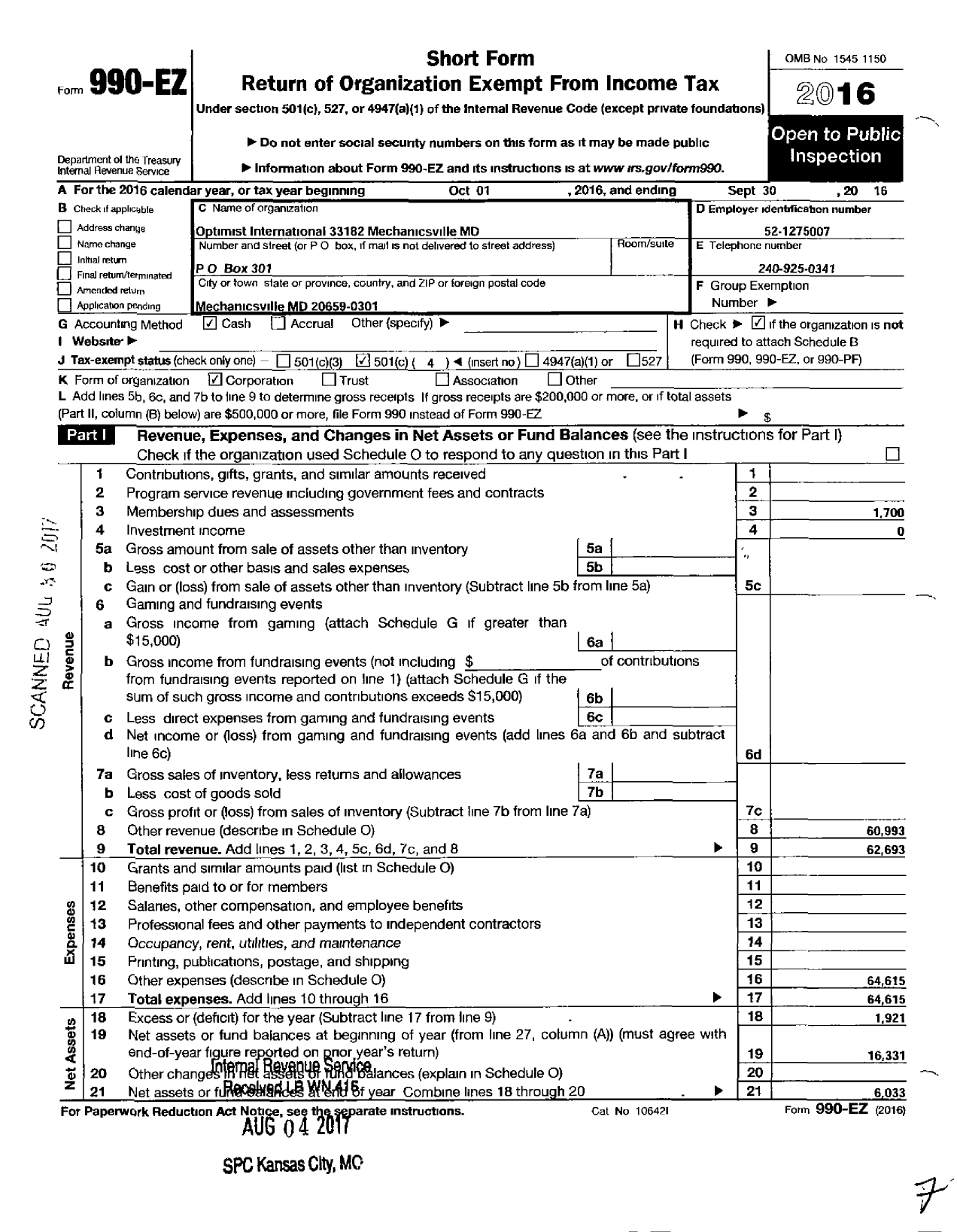 Image of first page of 2015 Form 990EO for Optimist International - 33182 Oc of Mechanicsville MD