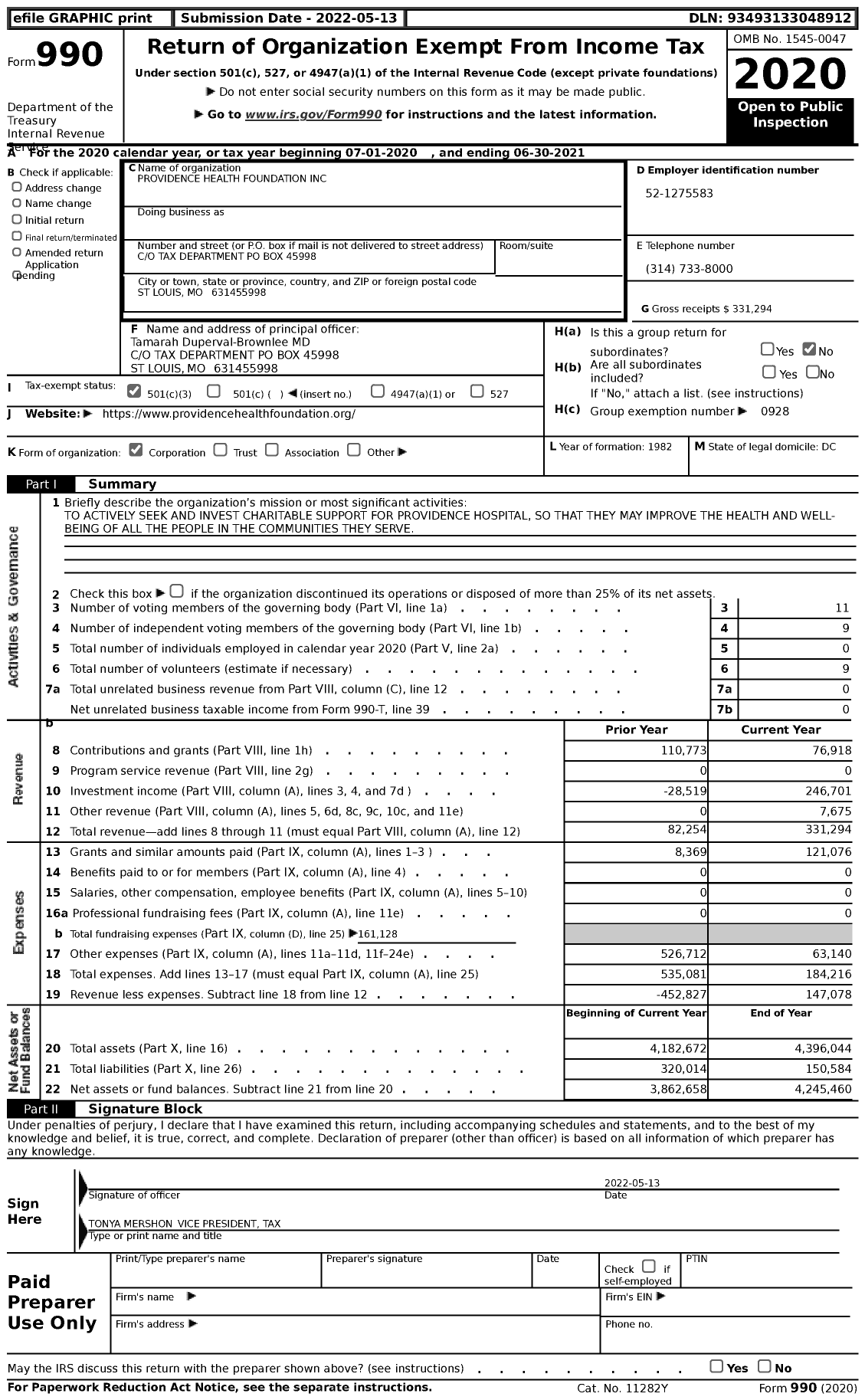 Image of first page of 2020 Form 990 for Providence Health Foundation