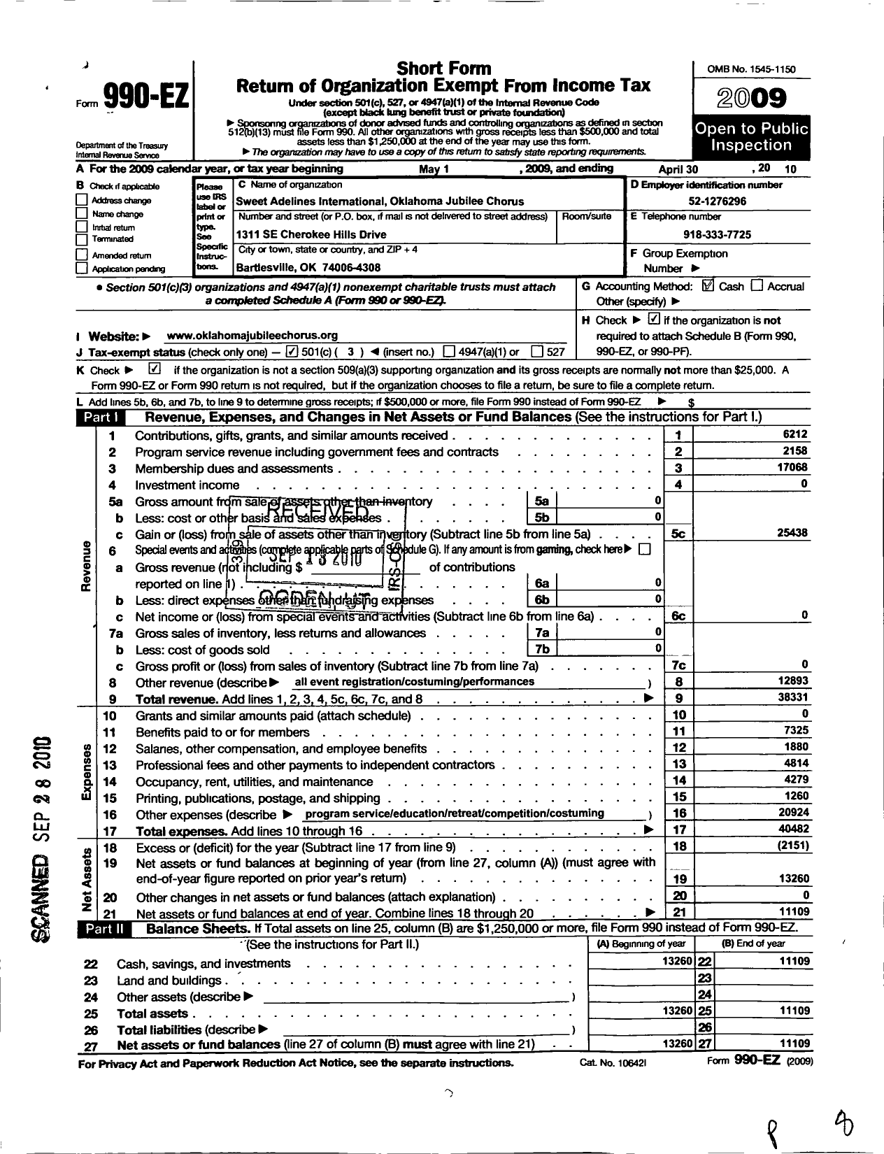 Image of first page of 2009 Form 990EZ for Sweet Adelines International - 110480 Tulsa Metro Sound