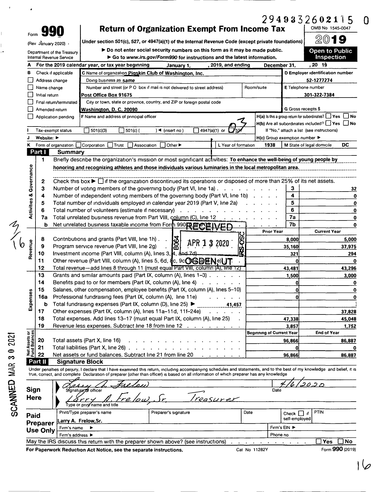 Image of first page of 2019 Form 990 for Pigskin Club of Washington