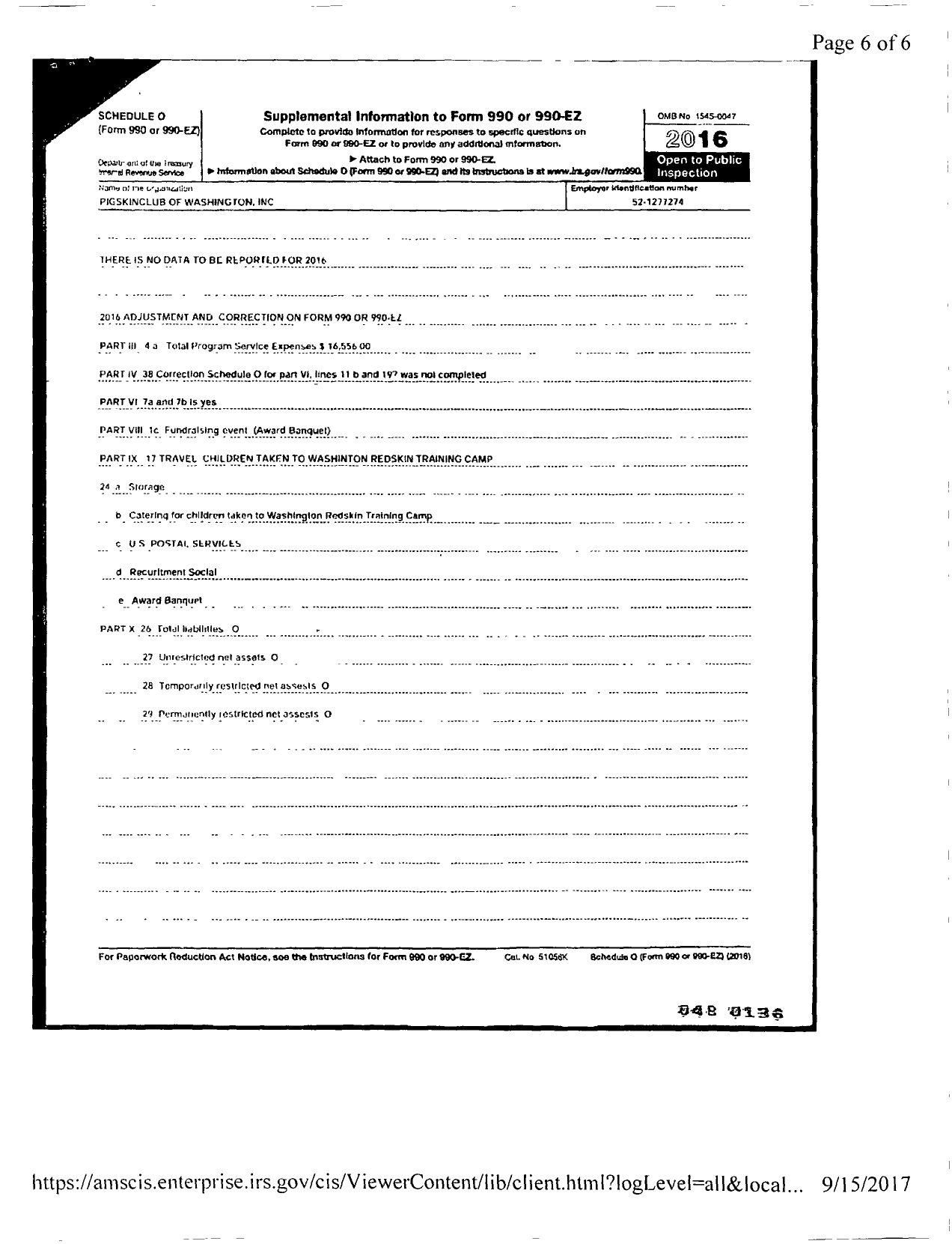 Image of first page of 2016 Form 990R for Pigskin Club of Washington