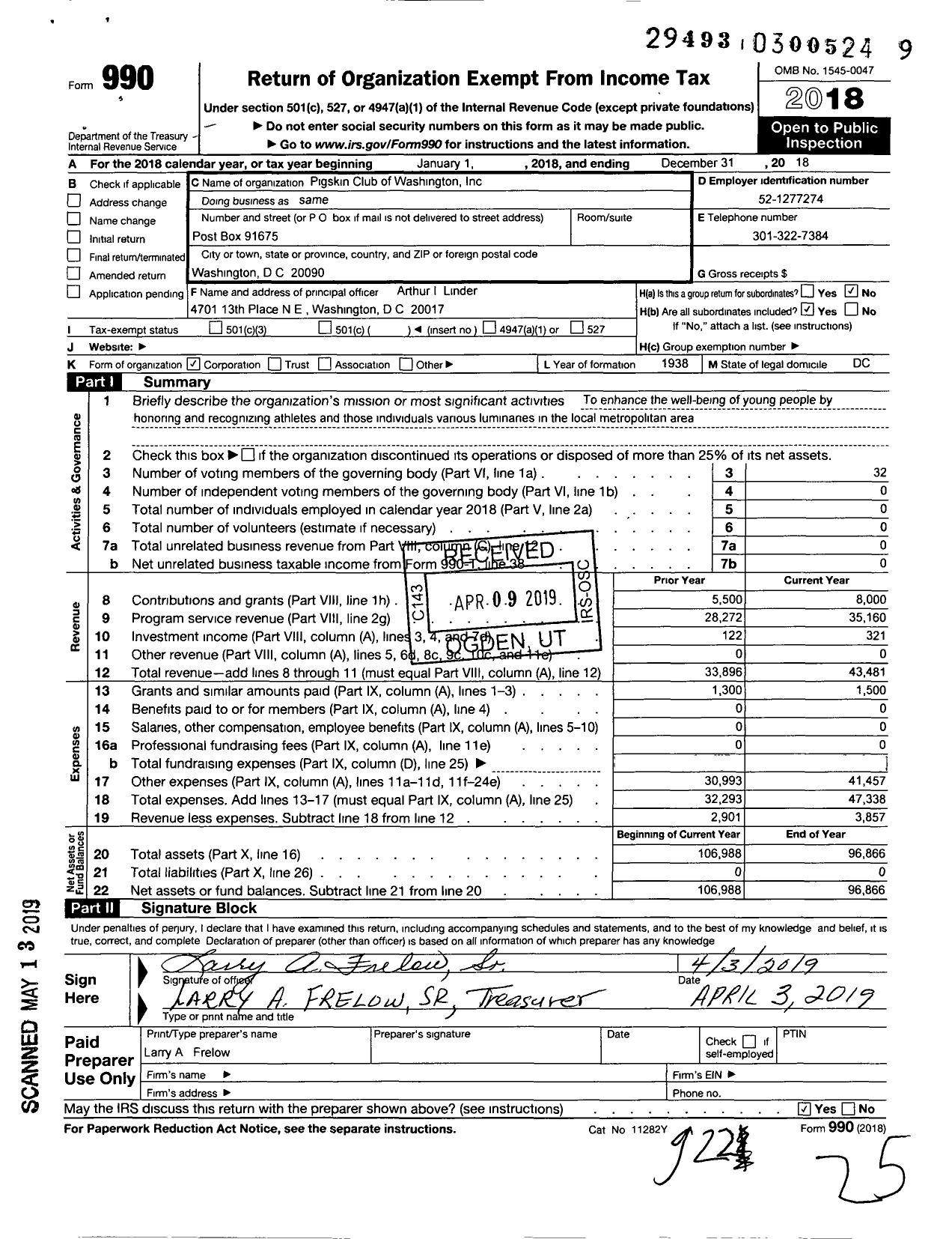 Image of first page of 2018 Form 990O for Pigskin Club of Washington