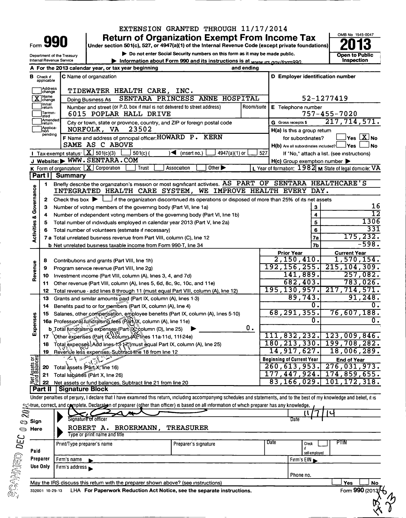 Image of first page of 2013 Form 990 for Tidewater Health Care