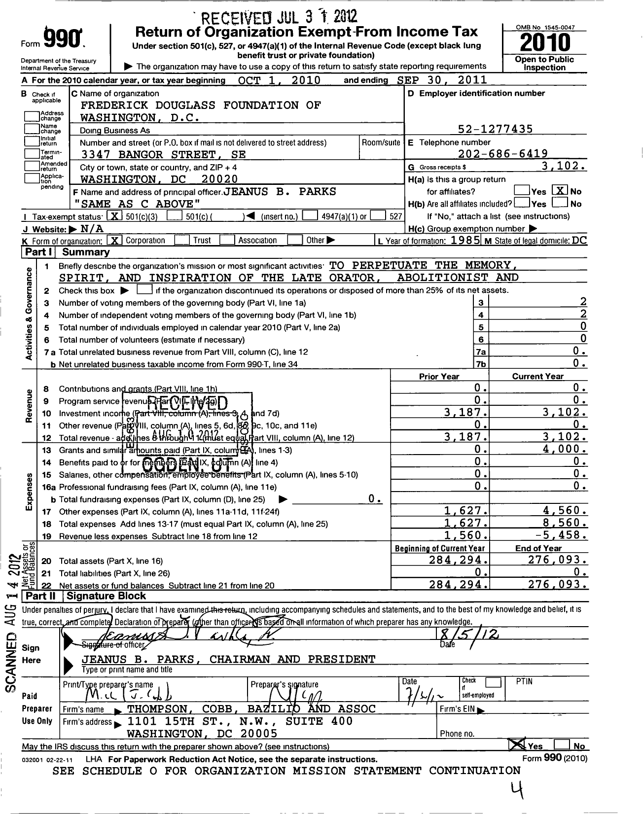 Image of first page of 2010 Form 990 for The Frederick Douglass Foundation