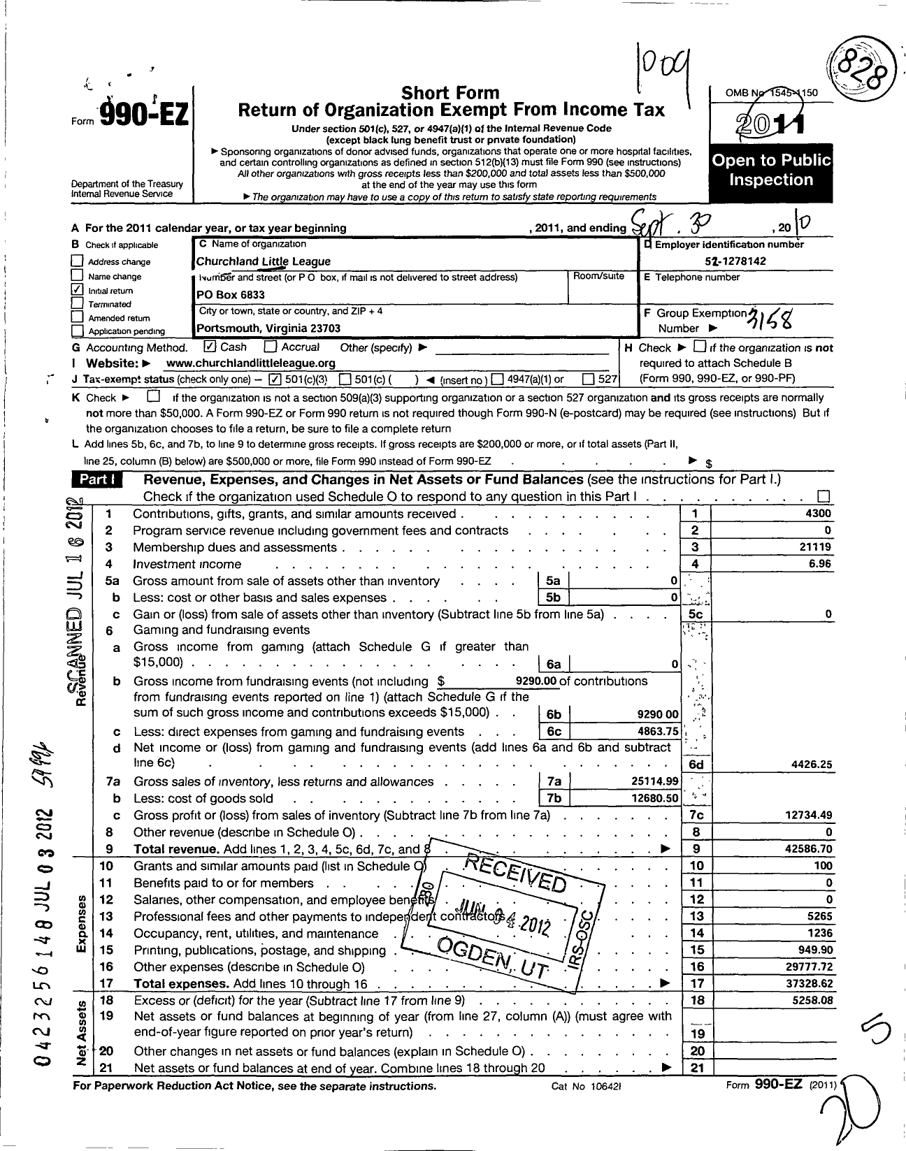 Image of first page of 2009 Form 990EZ for Little League Baseball - 3460601 Churchland LL