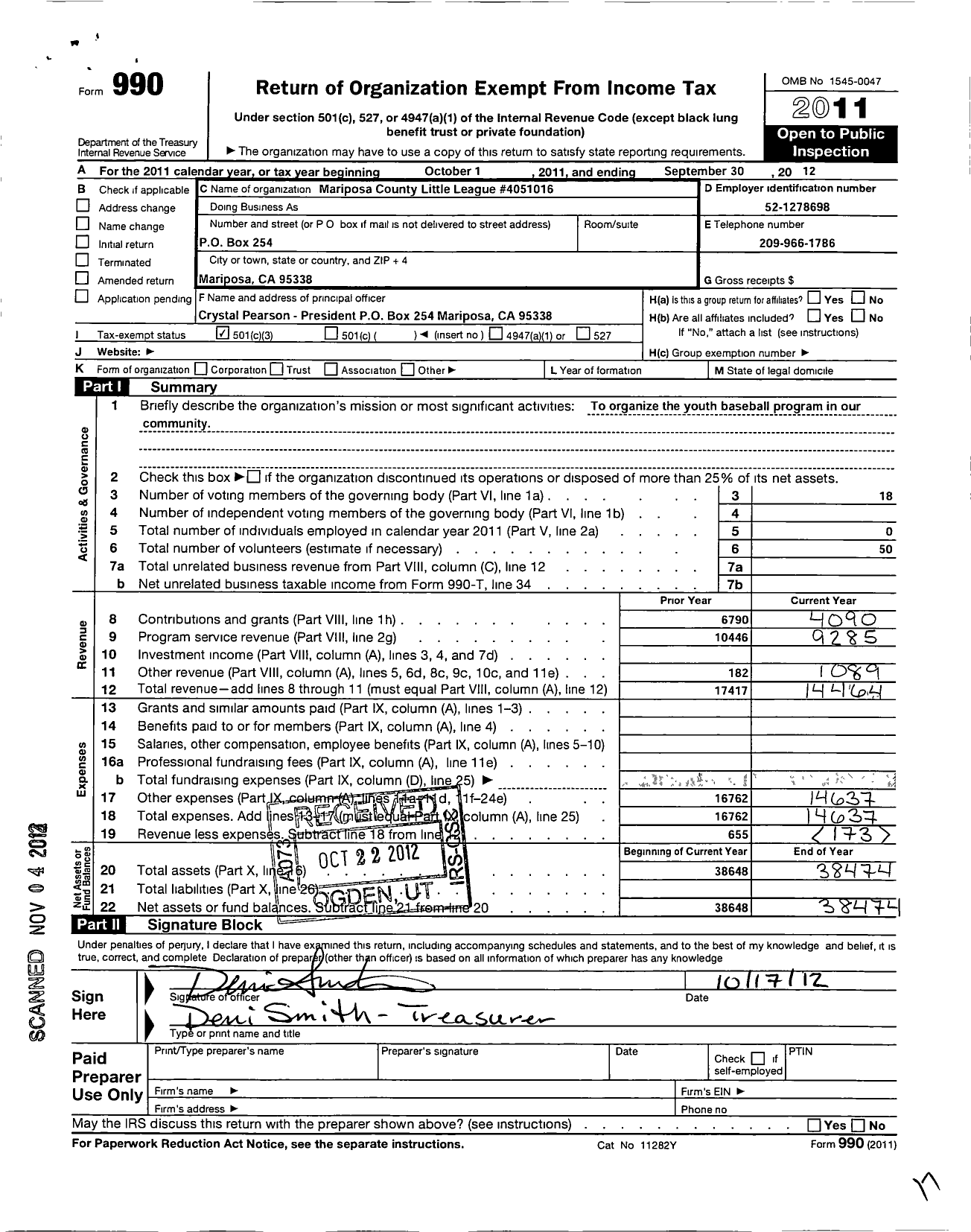 Image of first page of 2011 Form 990 for Little League Baseball - 4051016 Mariposa County LL