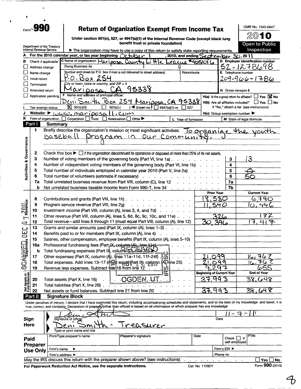 Image of first page of 2010 Form 990 for Little League Baseball - 4051016 Mariposa County LL