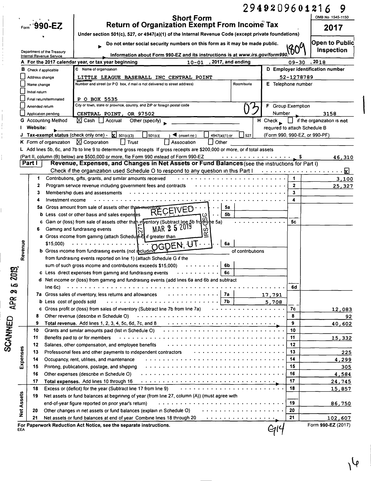 Image of first page of 2017 Form 990EZ for Little League Baseball - 4370803 Central Point LL