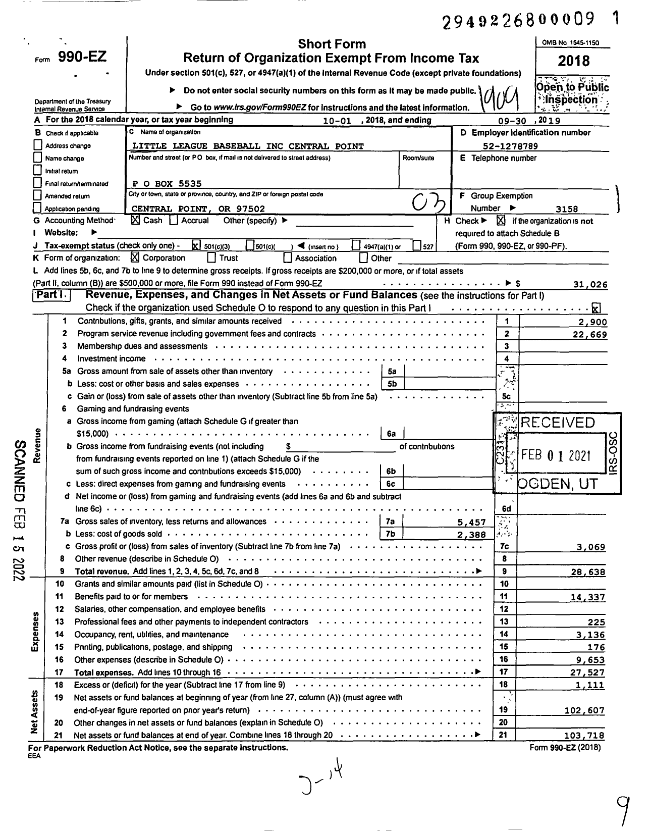 Image of first page of 2018 Form 990EZ for Little League Baseball - 4370803 Central Point LL