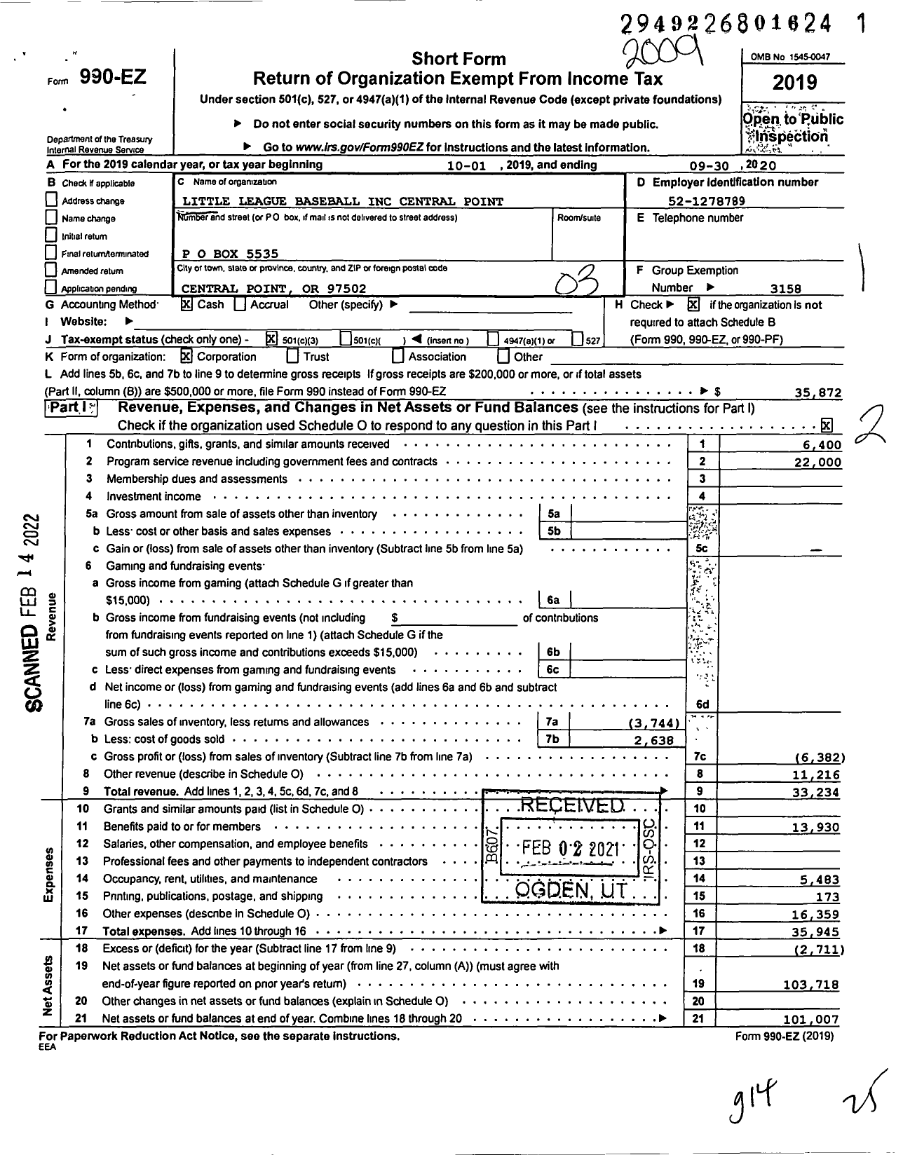 Image of first page of 2019 Form 990EZ for Little League Baseball - 4370803 Central Point LL