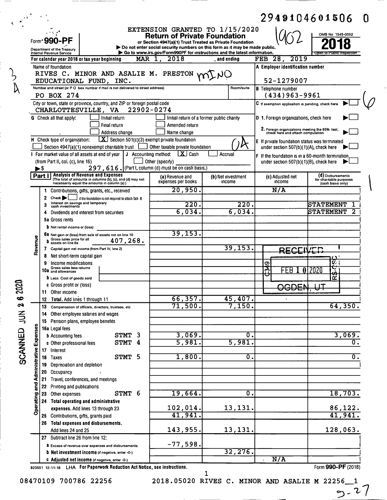 Image of first page of 2018 Form 990PR for Rives C Minor and Asalie M Preston Educational Fund