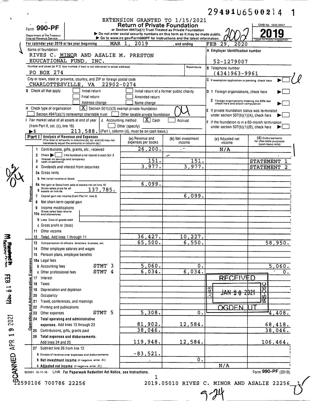 Image of first page of 2019 Form 990PF for Rives C Minor and Asalie M Preston Educational Fund