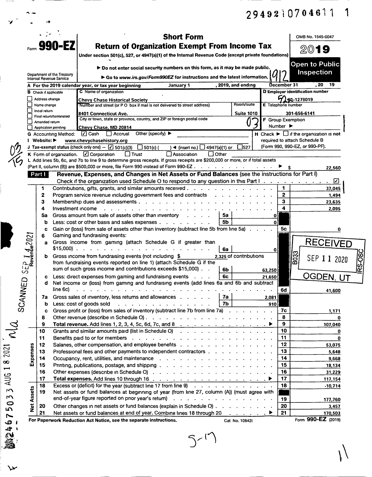 Image of first page of 2019 Form 990EZ for The Chevy Chase Historical Society