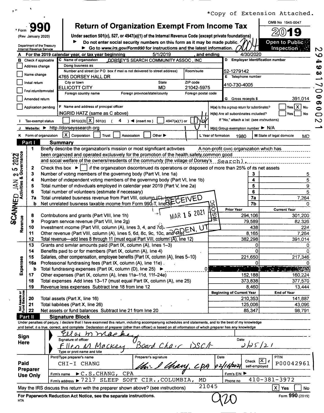 Image of first page of 2019 Form 990O for Dorsey's Search Community Association