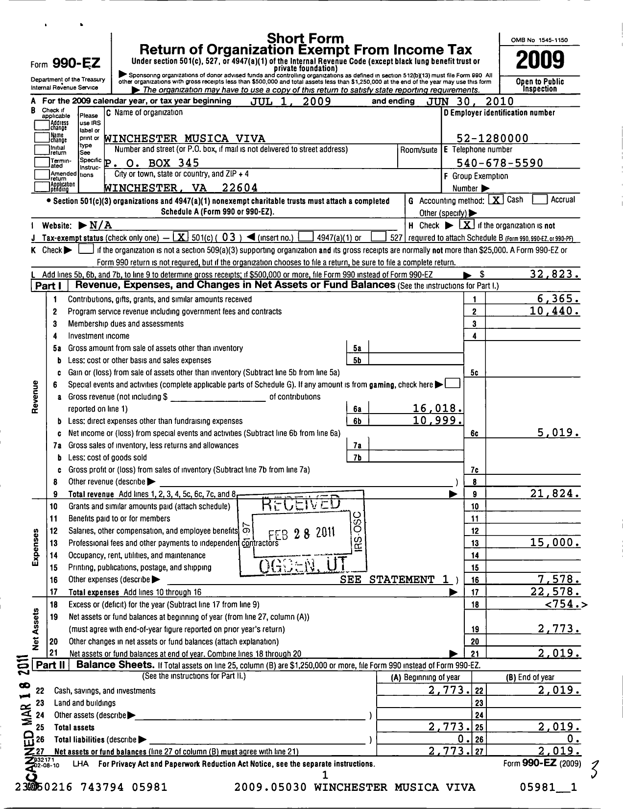 Image of first page of 2009 Form 990EZ for Winchester Musica Viva