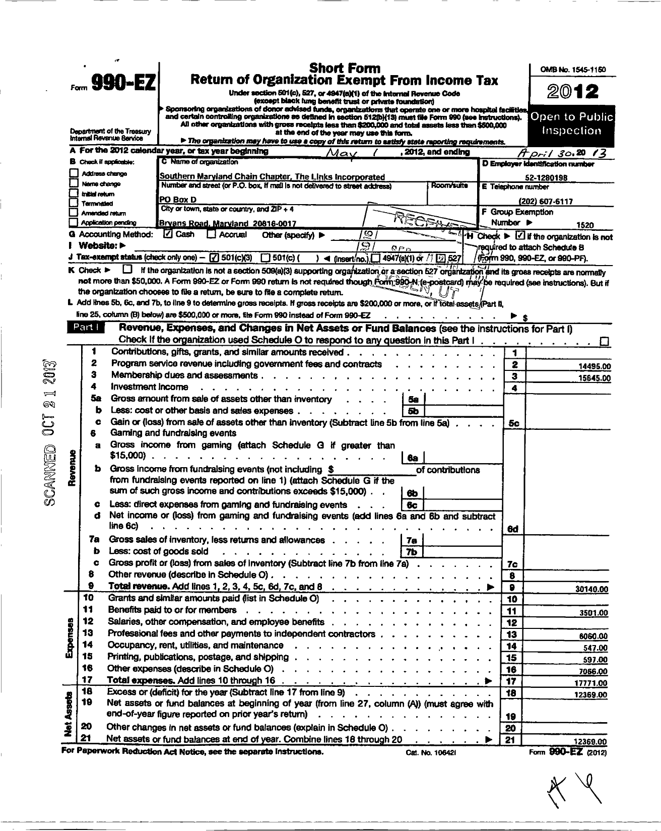 Image of first page of 2012 Form 990EZ for The Links / Southern Maryland Chain Chapter