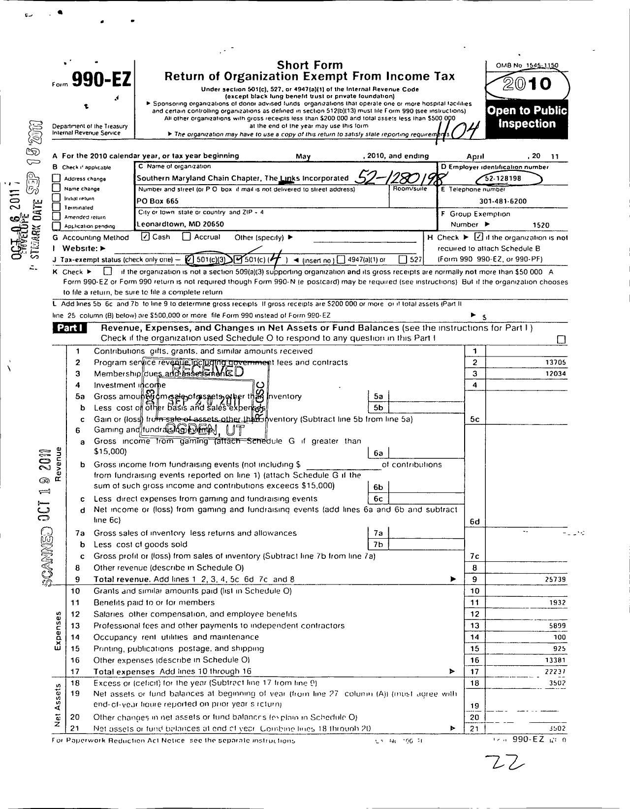 Image of first page of 2010 Form 990EO for The Links / Southern Maryland Chain Chapter