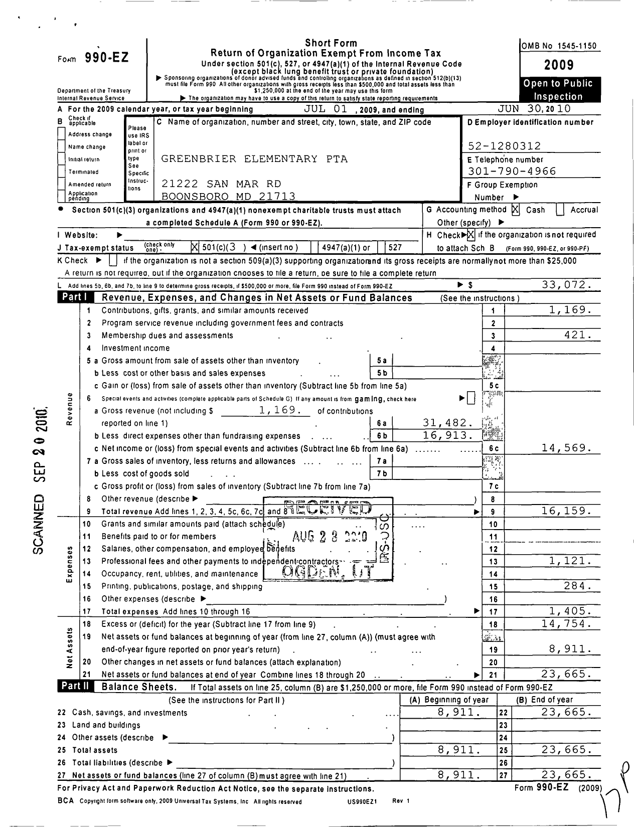 Image of first page of 2009 Form 990EZ for PTA Delaware Congress / Greenbrier Elementary PTA