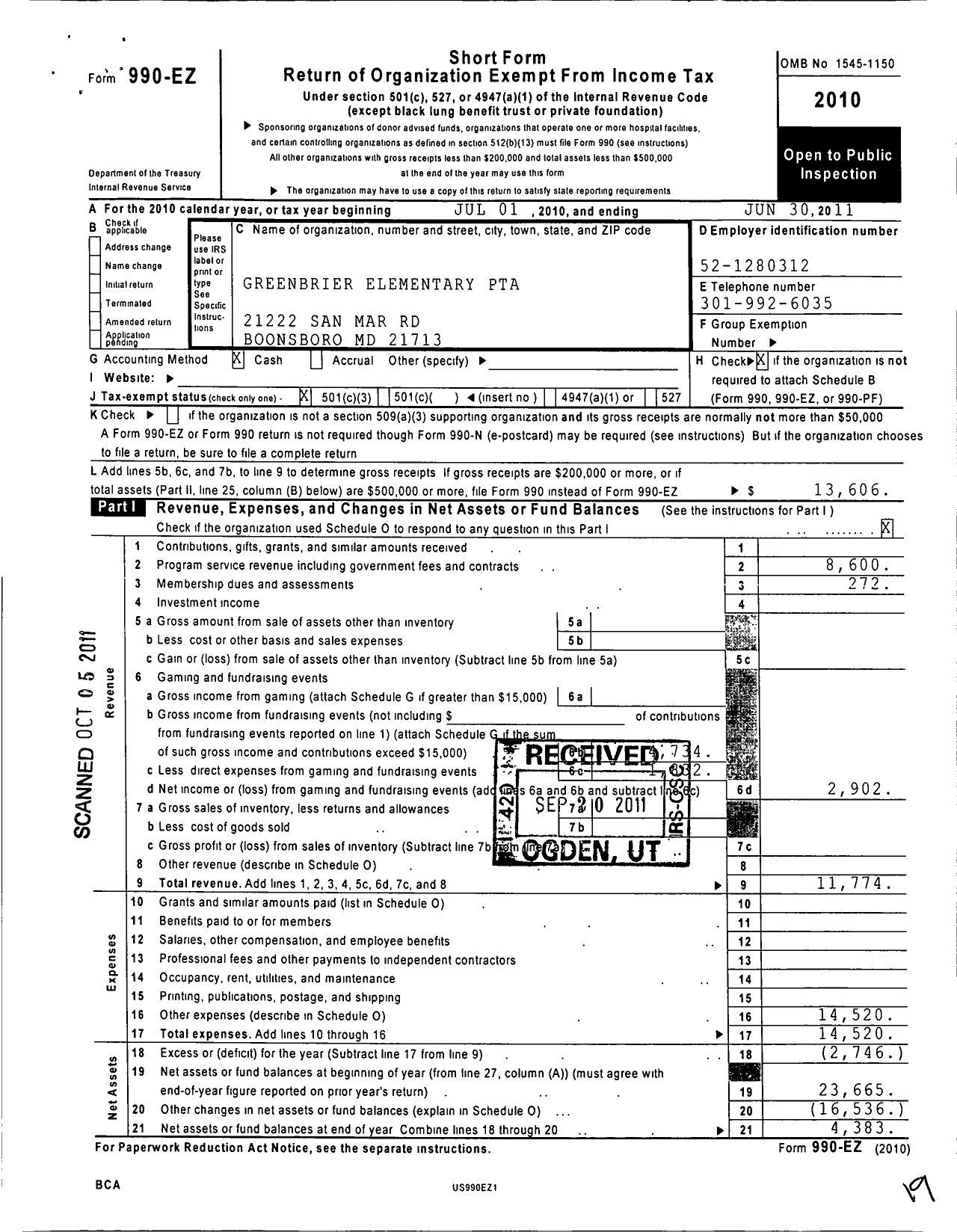 Image of first page of 2010 Form 990EZ for PTA Delaware Congress / Greenbrier Elementary PTA