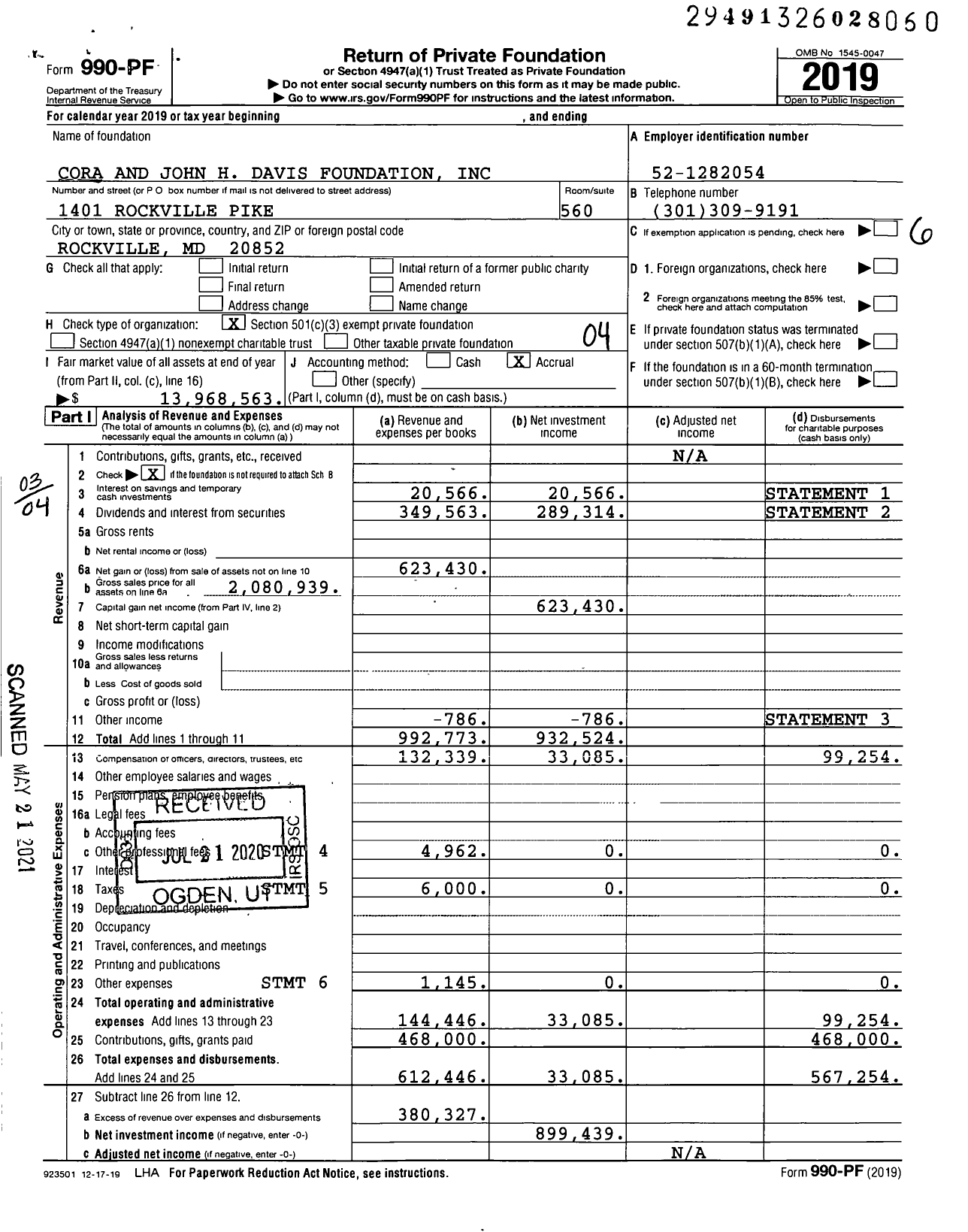 Image of first page of 2019 Form 990PF for Cora and John H Davis Foundation