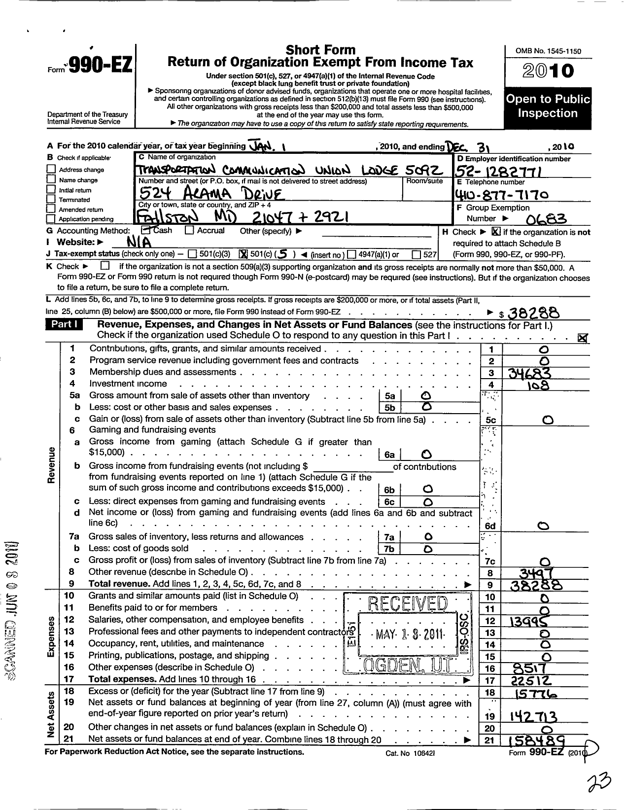 Image of first page of 2010 Form 990EO for Transportation-Communications Union / T5092 Lodge