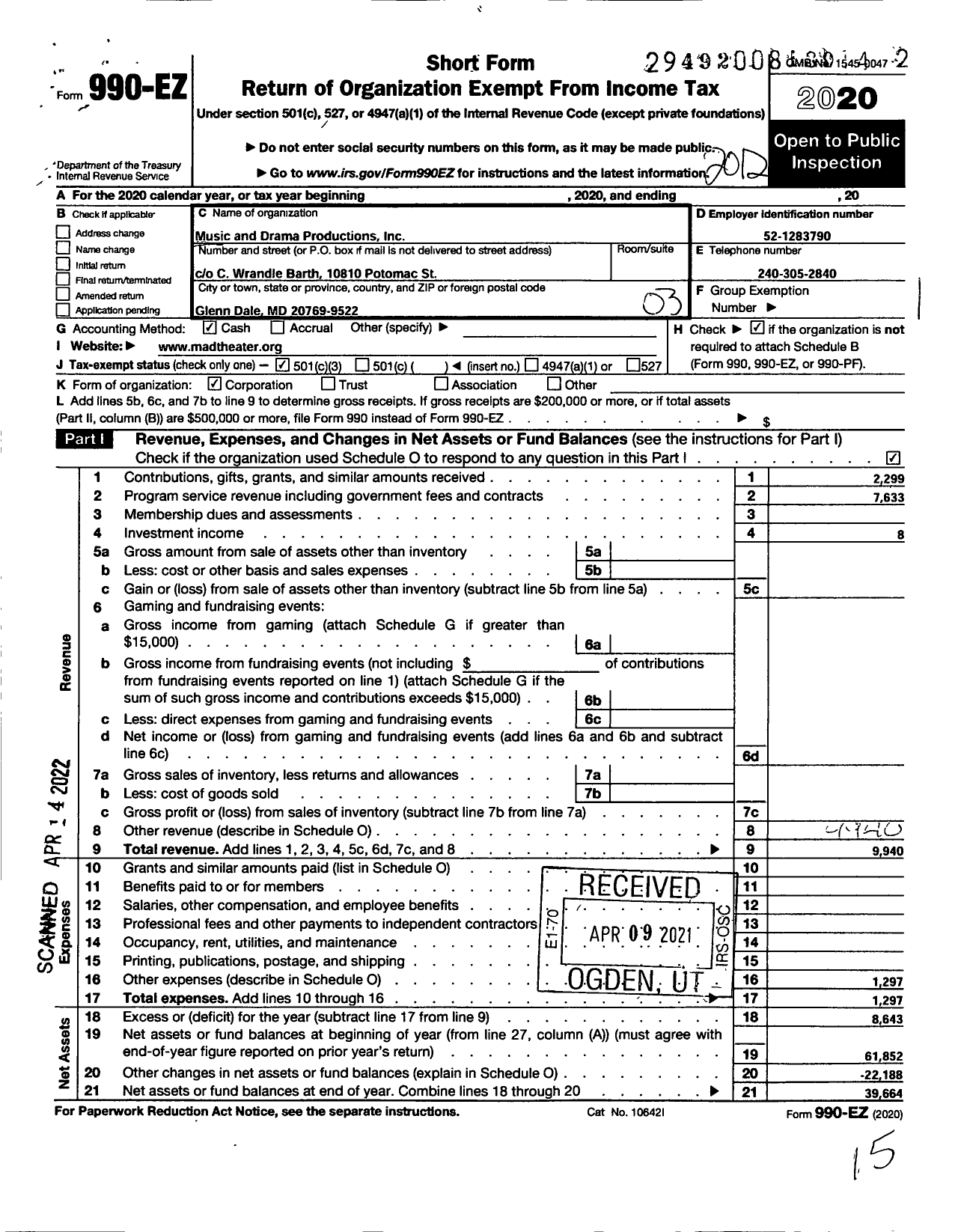 Image of first page of 2020 Form 990EZ for Music and Drama Productions