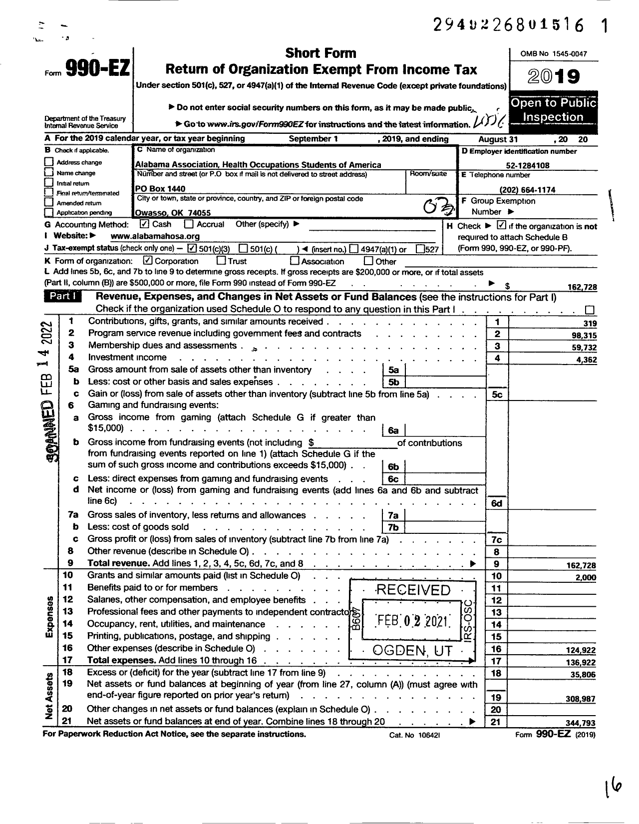 Image of first page of 2019 Form 990EZ for Health Occupations Students Of America / Alabama