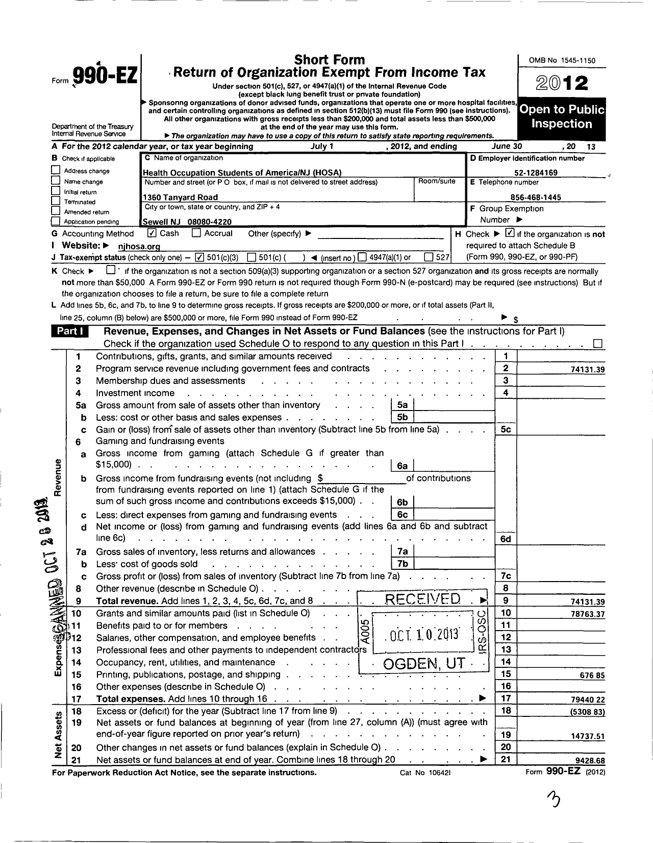 Image of first page of 2012 Form 990EZ for Health Occupations Students of America / Rutgers Univ