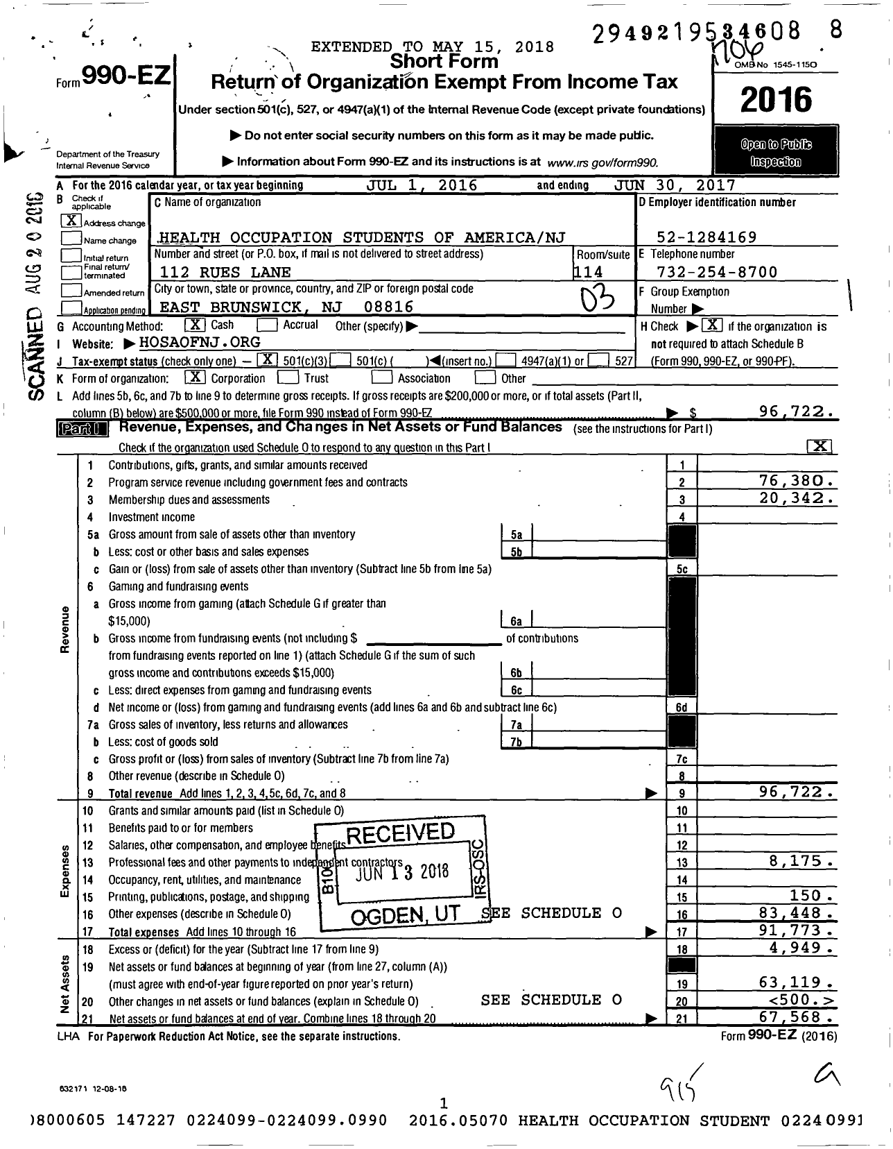 Image of first page of 2016 Form 990EZ for Health Occupations Students of America / Rutgers Univ