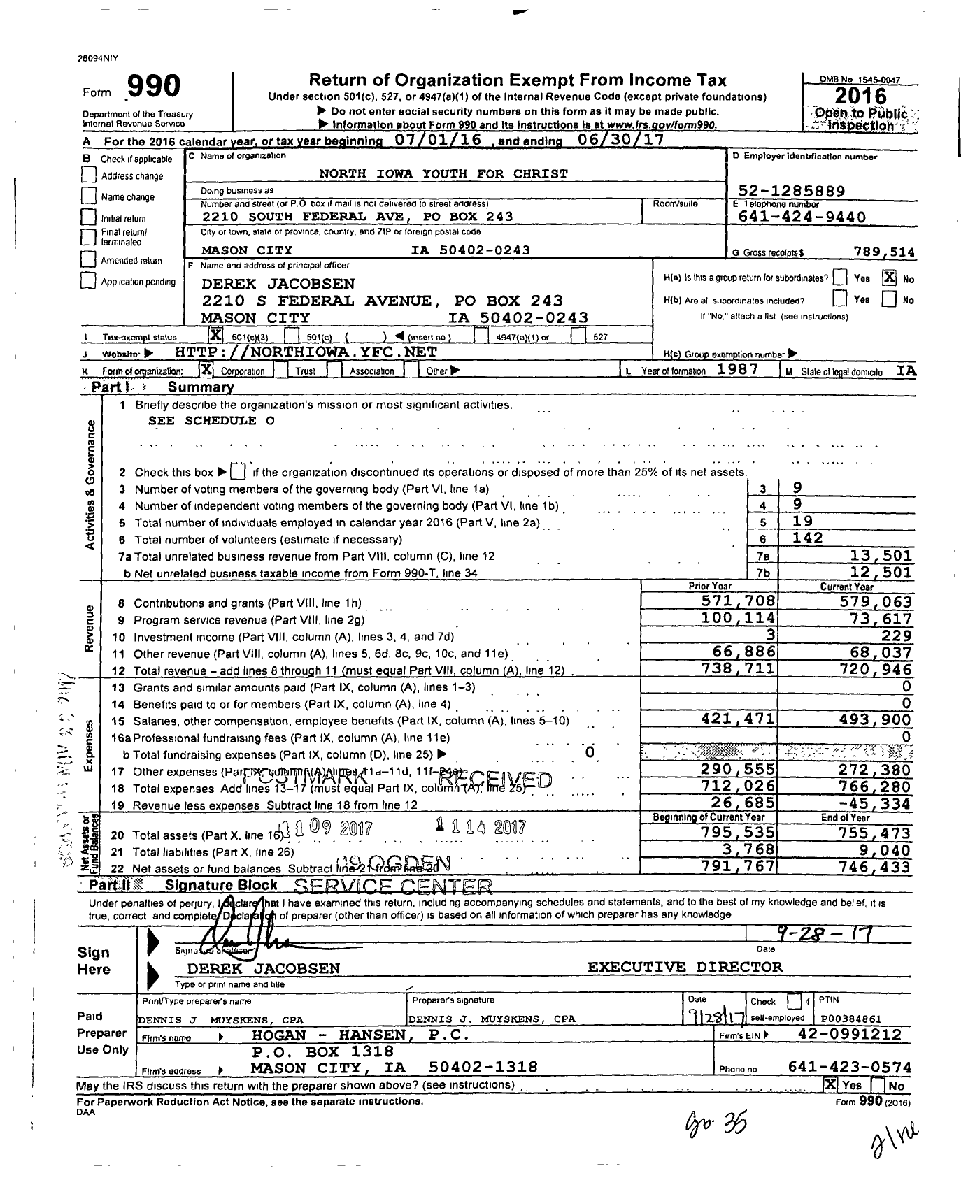 Image of first page of 2016 Form 990 for Youth for Christ - Greater Iowa Youth for Christ