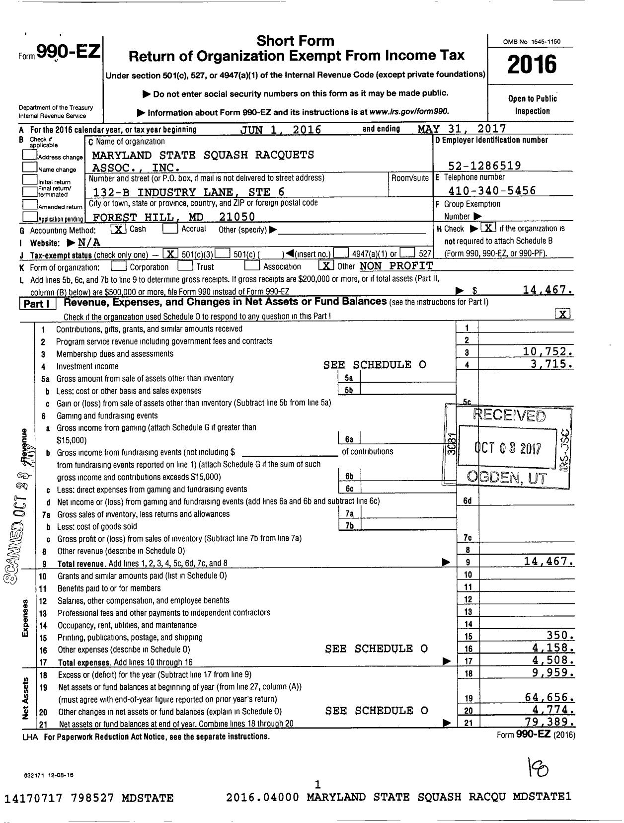 Image of first page of 2016 Form 990EZ for Maryland State Squash Racquets Association