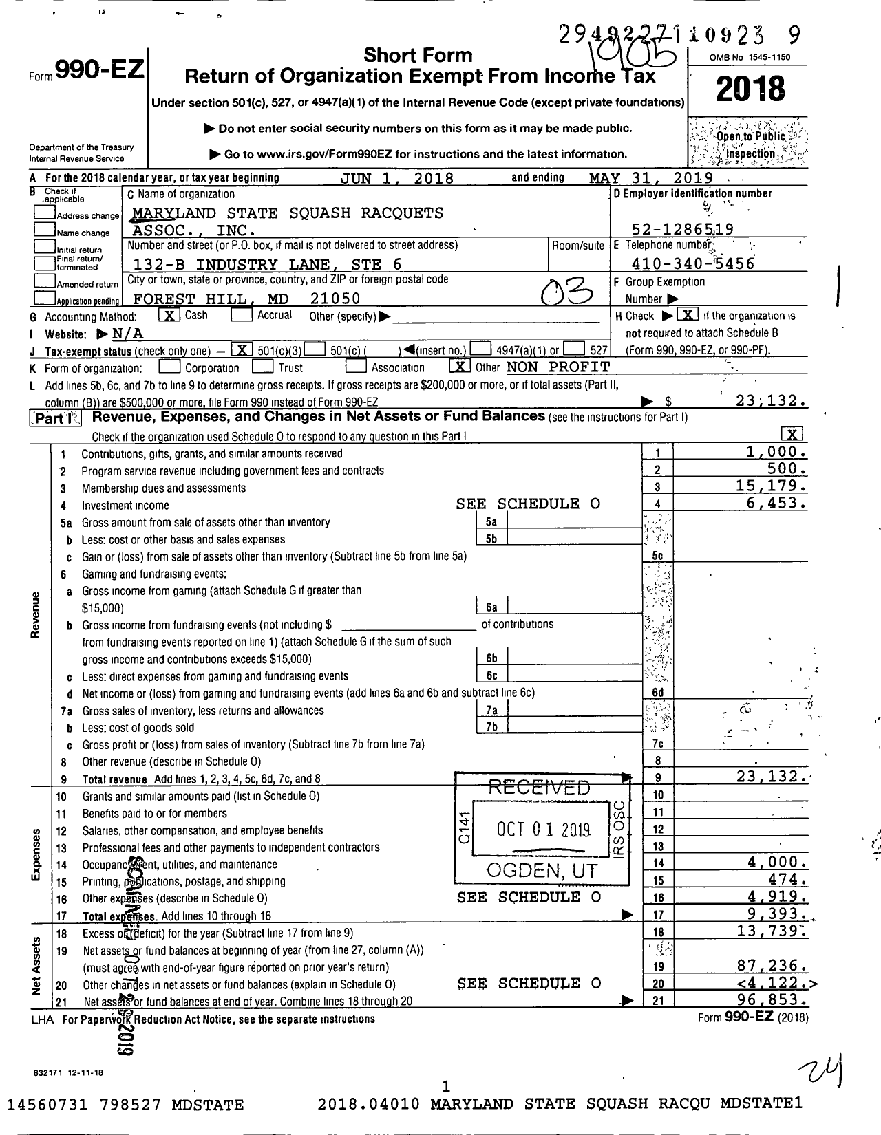 Image of first page of 2018 Form 990EZ for Maryland State Squash Racquets Association