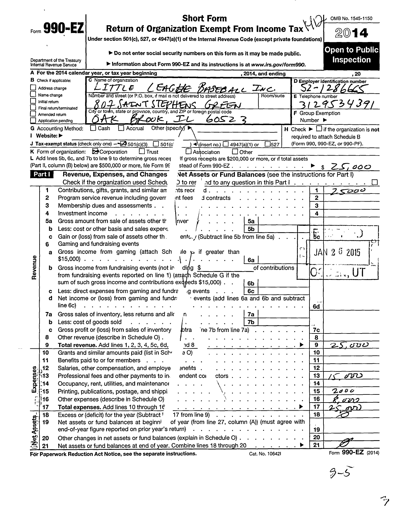 Image of first page of 2014 Form 990EZ for Little League Baseball - 1131102 Oak Brook LL