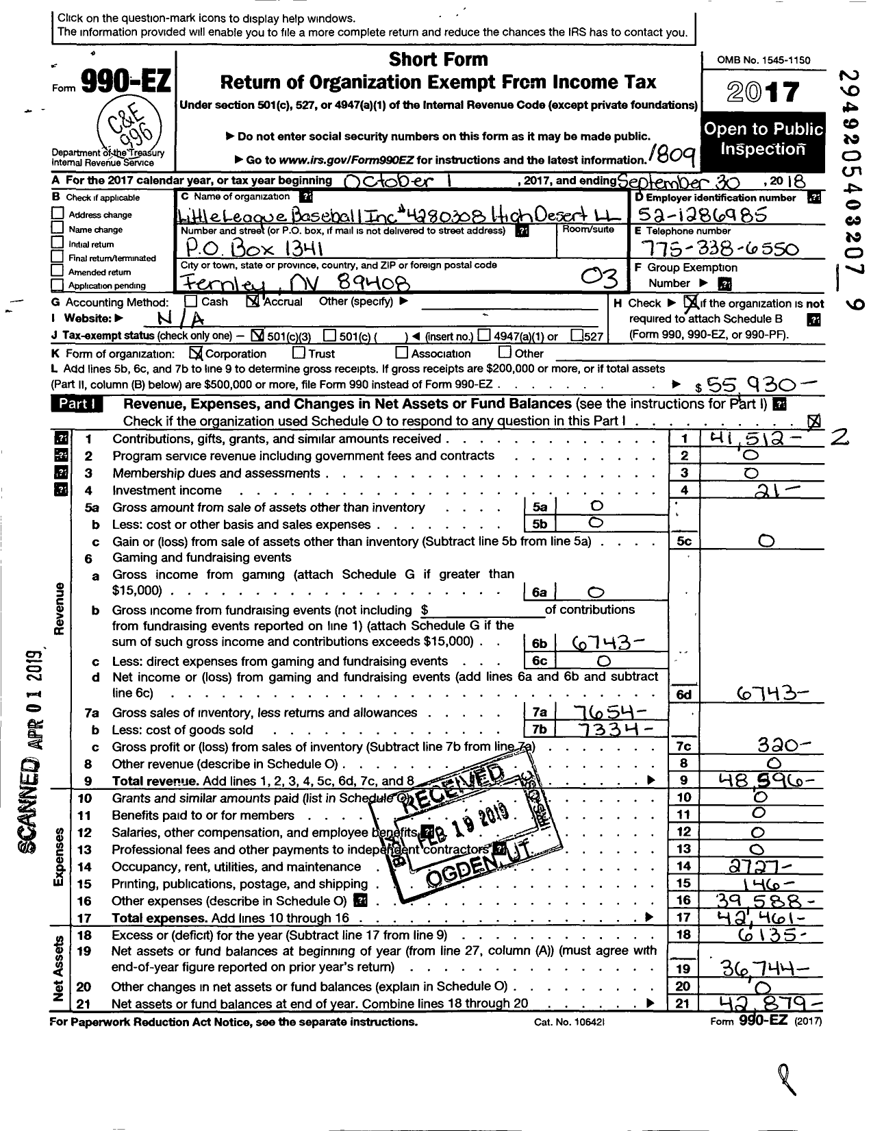 Image of first page of 2017 Form 990EZ for Little League Baseball - 4280308 High Desert LL