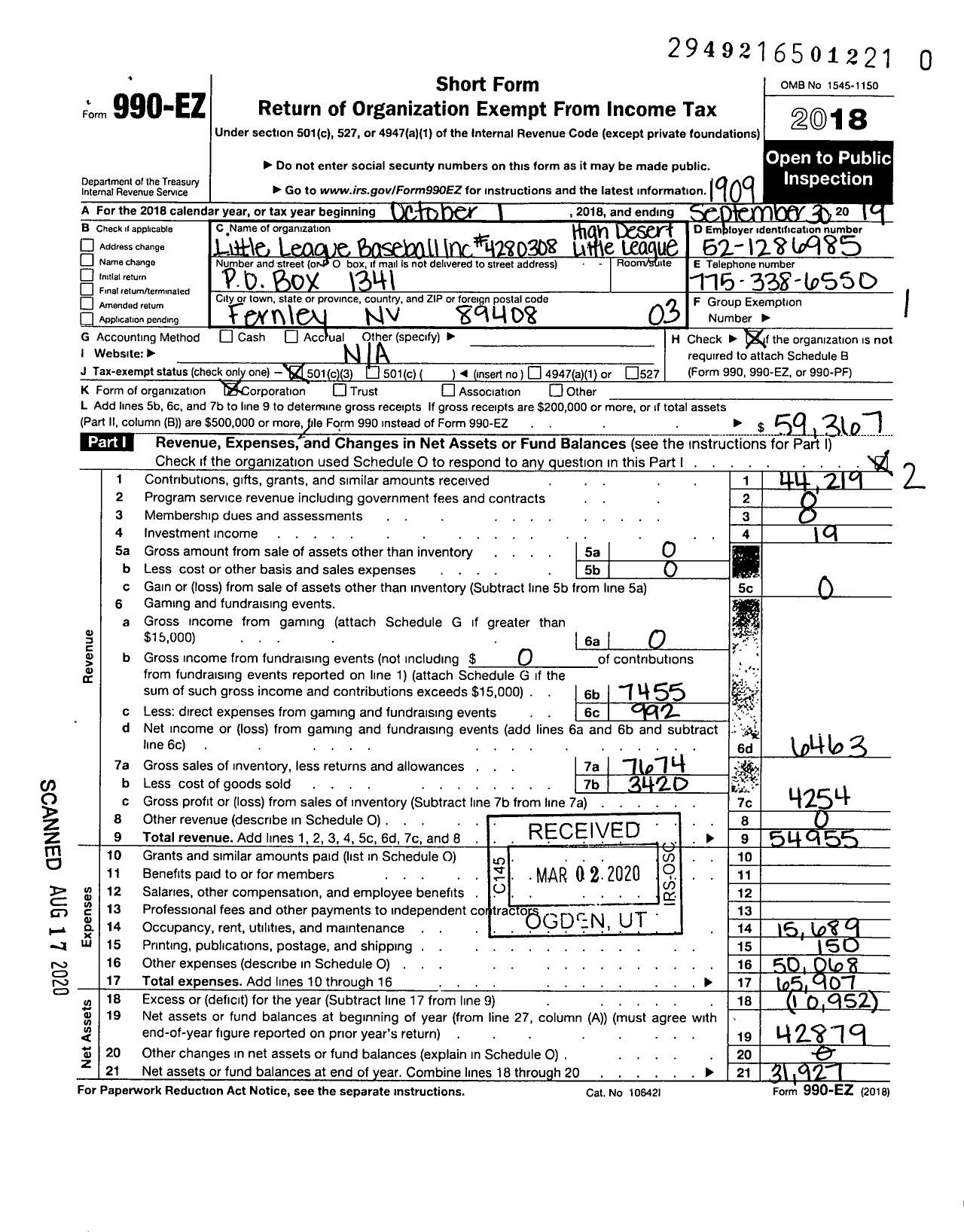 Image of first page of 2018 Form 990EZ for Little League Baseball - 4280308 High Desert LL