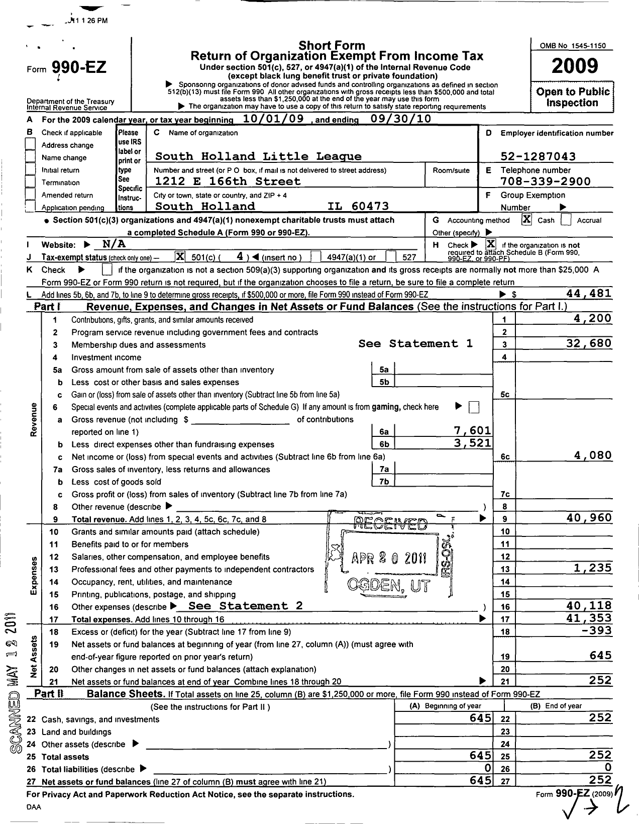 Image of first page of 2009 Form 990EO for Little League Baseball - 1130623 South Holland LL