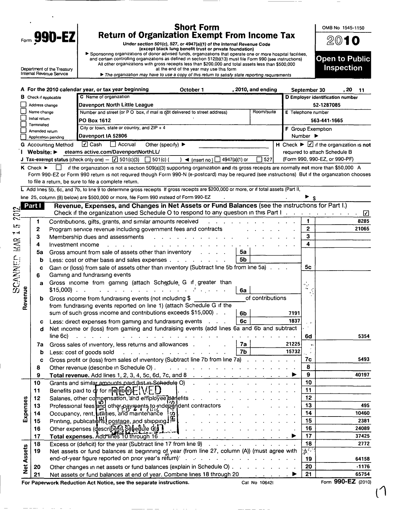 Image of first page of 2010 Form 990EZ for Little League Baseball - 1150218 Davenport North LL