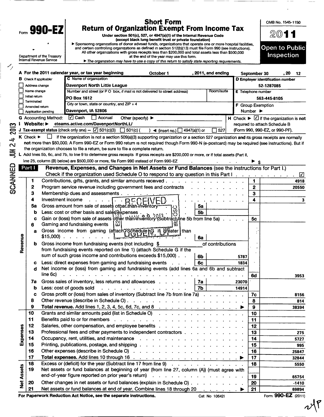 Image of first page of 2011 Form 990EZ for Little League Baseball - 1150218 Davenport North LL