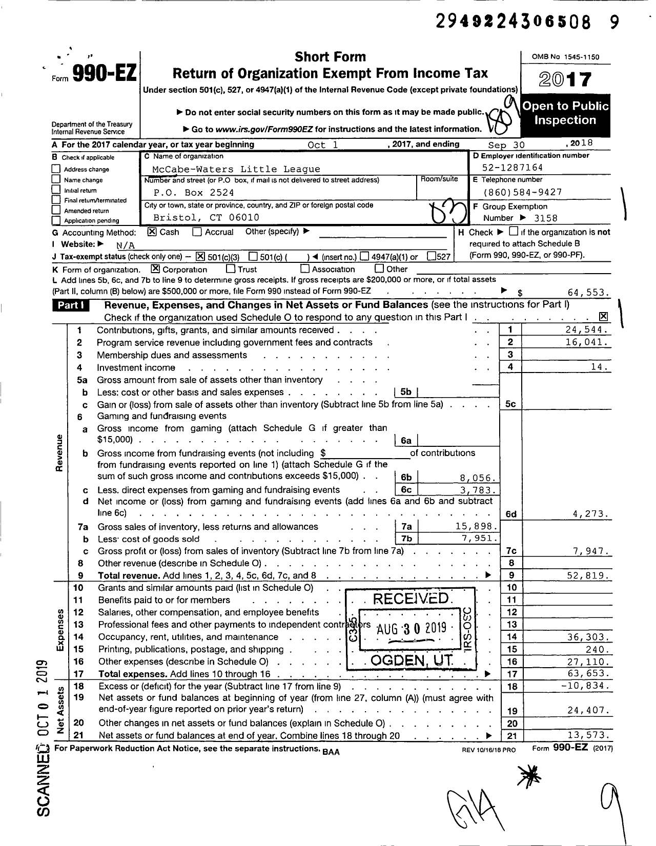 Image of first page of 2017 Form 990EZ for Little League Baseball - 2070503 Bristol LL