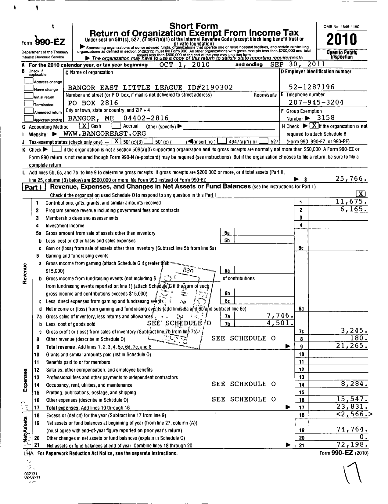 Image of first page of 2010 Form 990EZ for Little League Baseball - 2190302 Bangor East LL