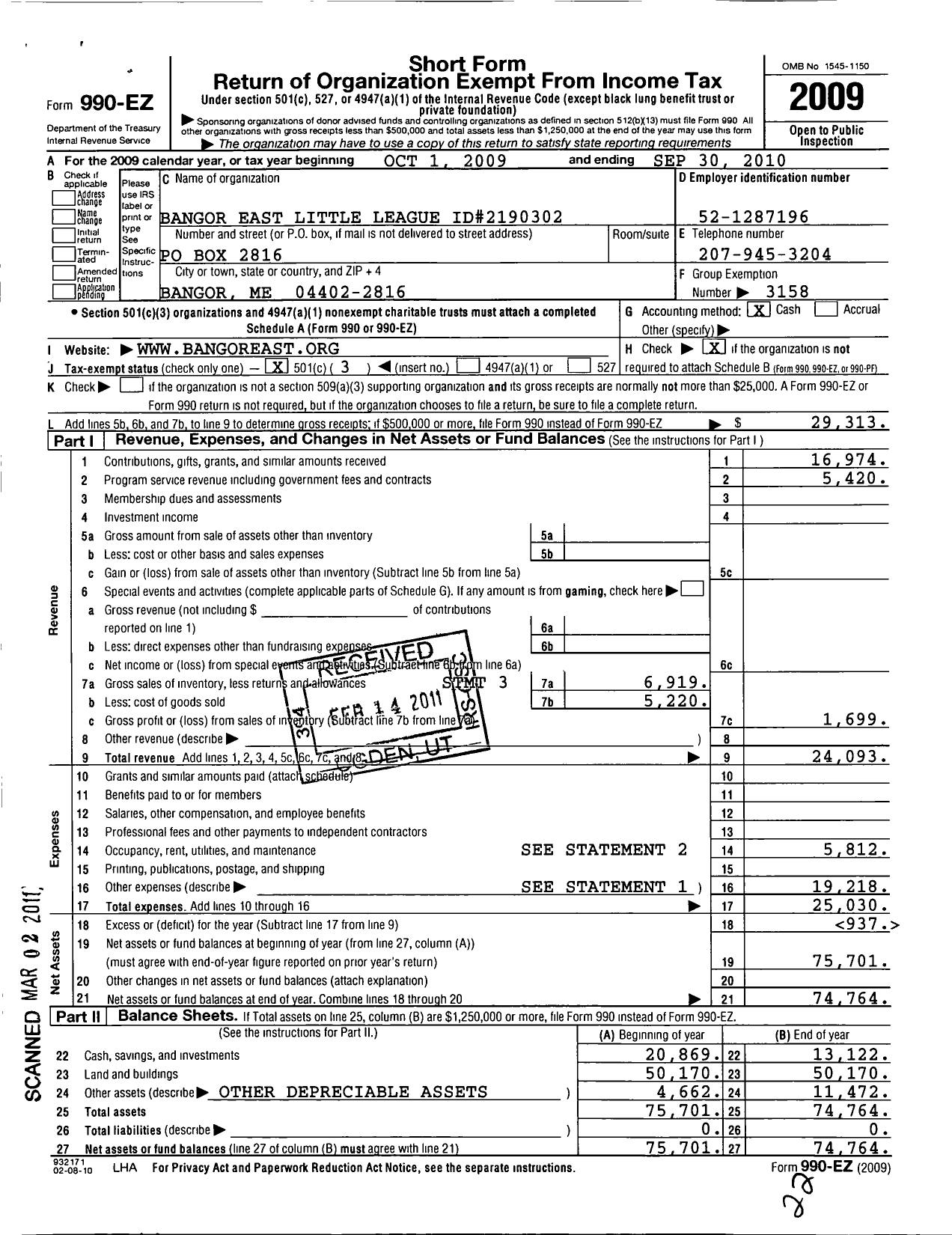 Image of first page of 2009 Form 990EZ for Little League Baseball - 2190302 Bangor East LL