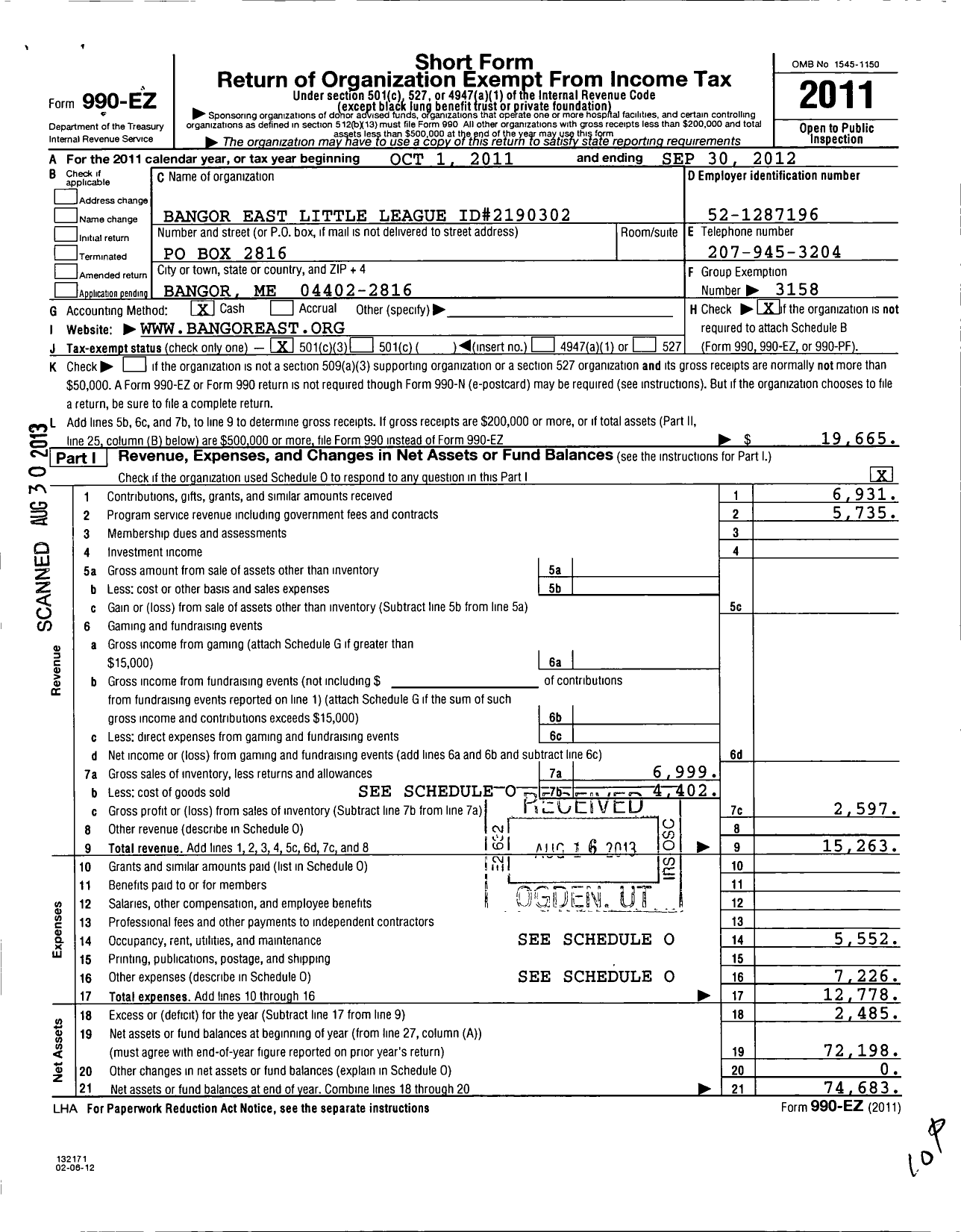 Image of first page of 2011 Form 990EZ for Little League Baseball - 2190302 Bangor East LL