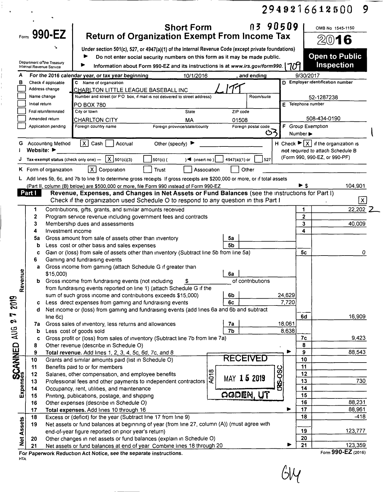 Image of first page of 2016 Form 990EZ for Little League Baseball - 2210503 Charlton LL