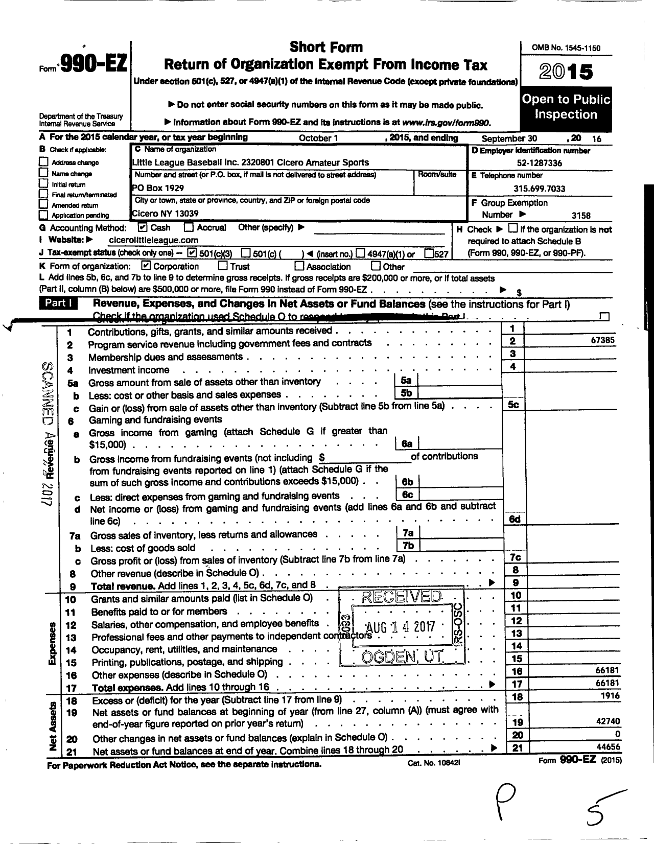 Image of first page of 2015 Form 990EZ for LITTLE LEAGUE BASEBALL - 2320801 Cicero Amateur Sports LL