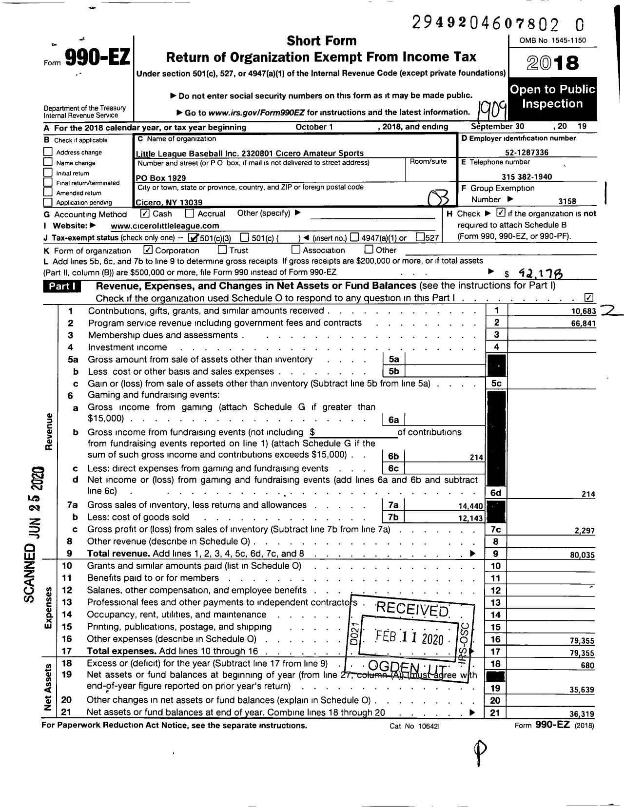 Image of first page of 2018 Form 990EZ for LITTLE LEAGUE BASEBALL - 2320801 Cicero Amateur Sports LL