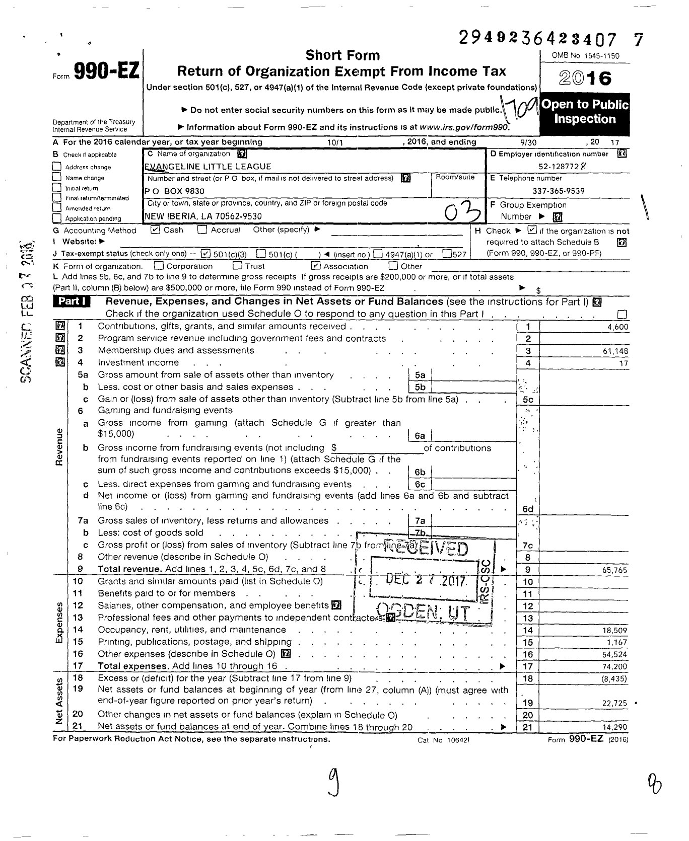 Image of first page of 2016 Form 990EZ for Little League Baseball - 3180115 Evangeline LL